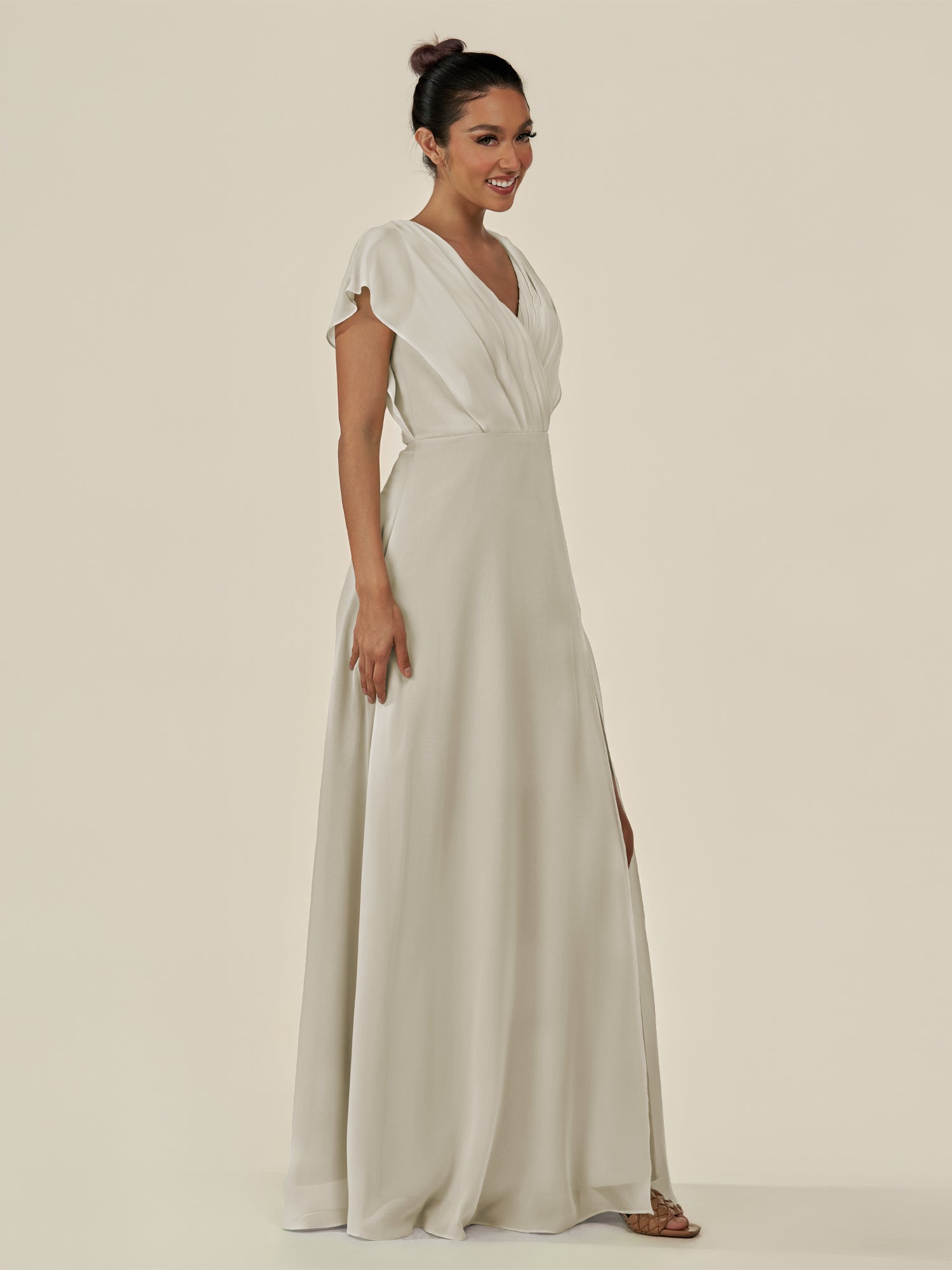 KissDress-Aven Dove Gray A Line Chiffon Cap Sleeves V Neck Pleated Long Bridesmaid Dress with Slit