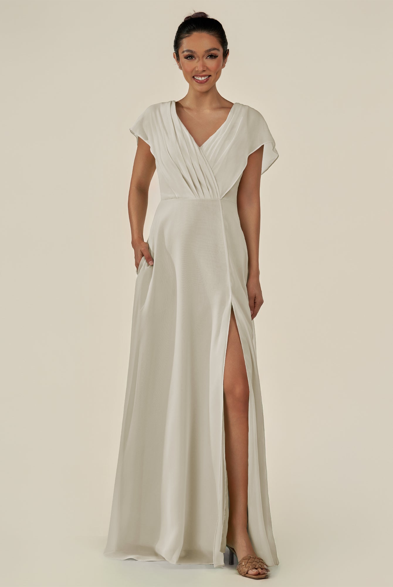 KissDress-Aven Dove Gray A Line Chiffon Cap Sleeves V Neck Pleated Long Bridesmaid Dress with Slit