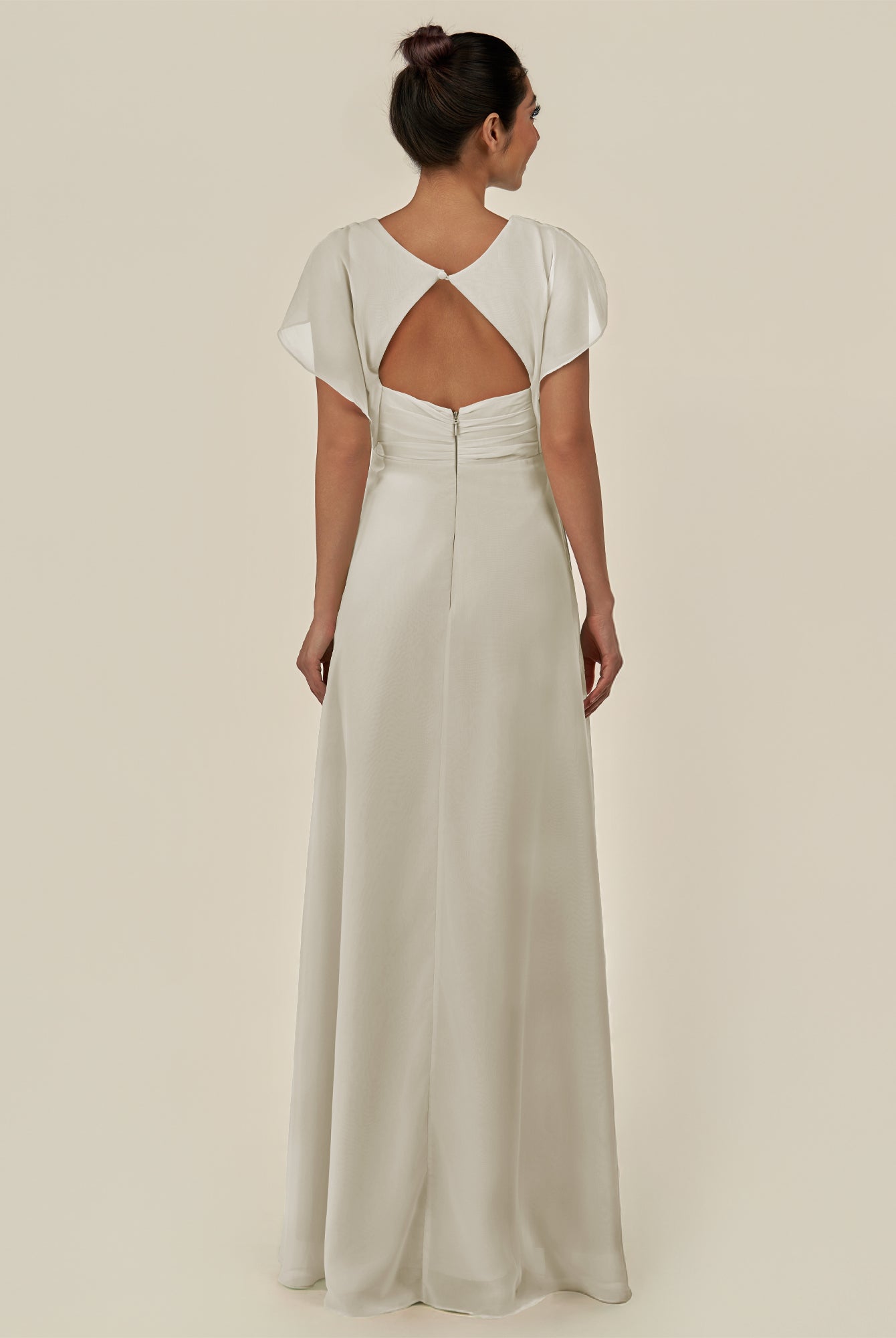 KissDress-Aven Dove Gray A Line Chiffon Cap Sleeves V Neck Pleated Long Bridesmaid Dress with Slit