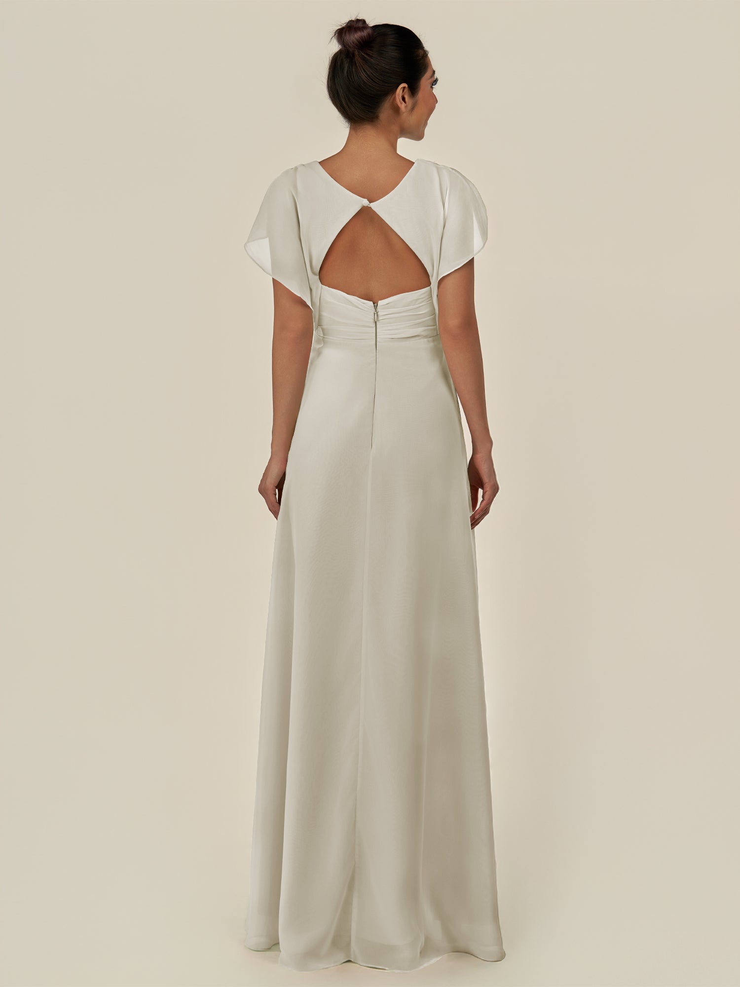 KissDress-Aven Dove Gray A Line Chiffon Cap Sleeves V Neck Pleated Long Bridesmaid Dress with Slit