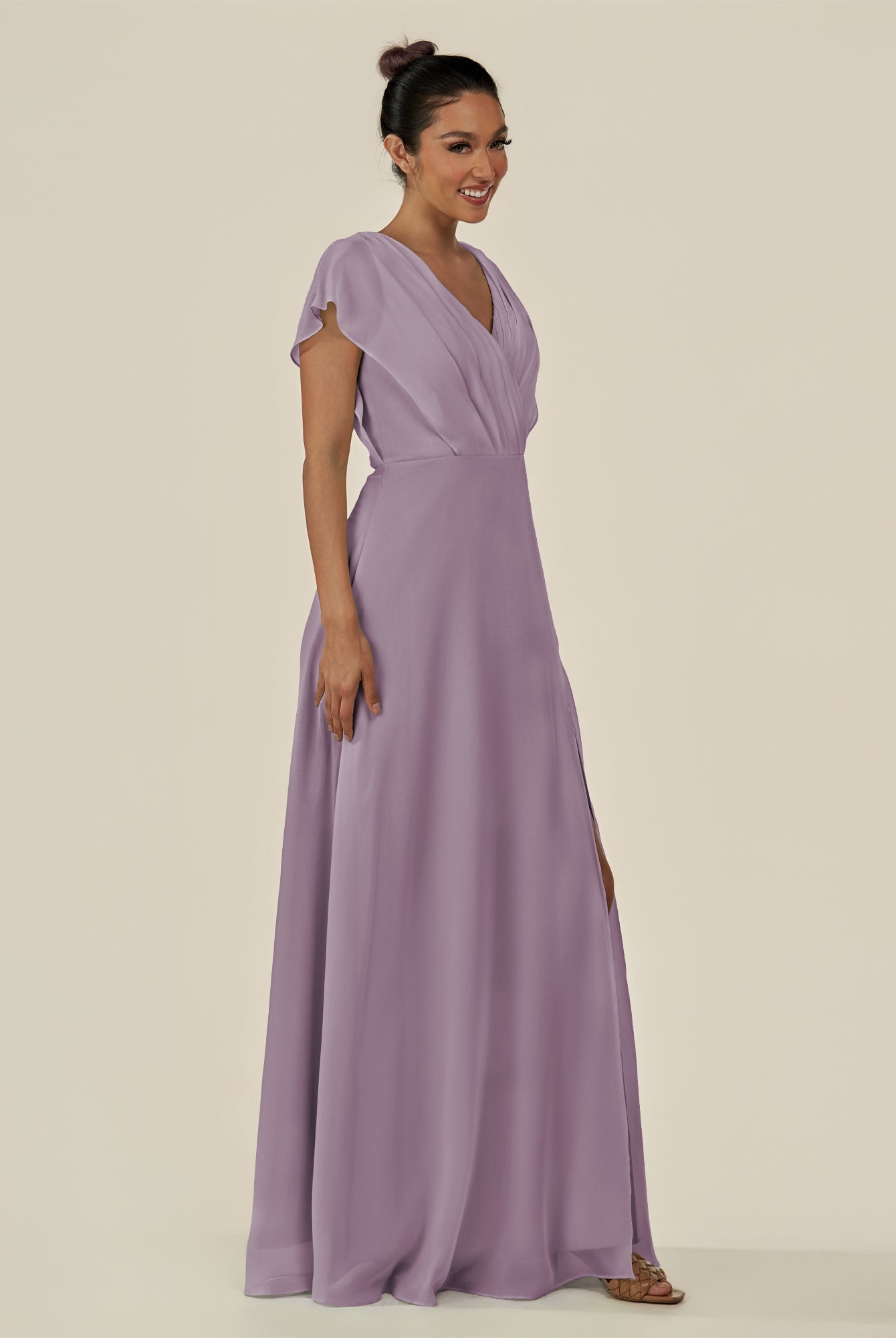 KissDress-Aven Dusk A Line Chiffon Cap Sleeves V Neck Pleated Long Bridesmaid Dress with Slit