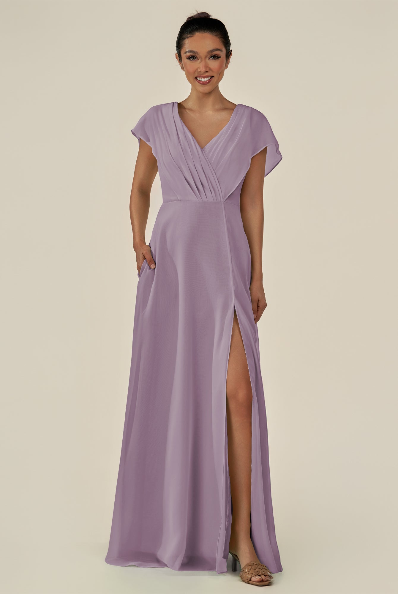 KissDress-Aven Dusk A Line Chiffon Cap Sleeves V Neck Pleated Long Bridesmaid Dress with Slit