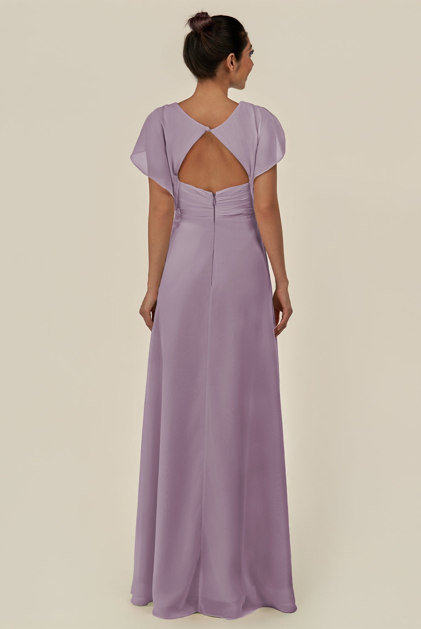 KissDress-Aven Dusk A Line Chiffon Cap Sleeves V Neck Pleated Long Bridesmaid Dress with Slit
