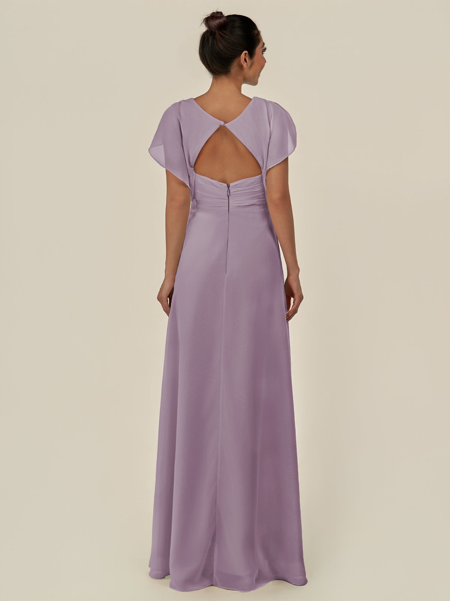 KissDress-Aven Dusk A Line Chiffon Cap Sleeves V Neck Pleated Long Bridesmaid Dress with Slit
