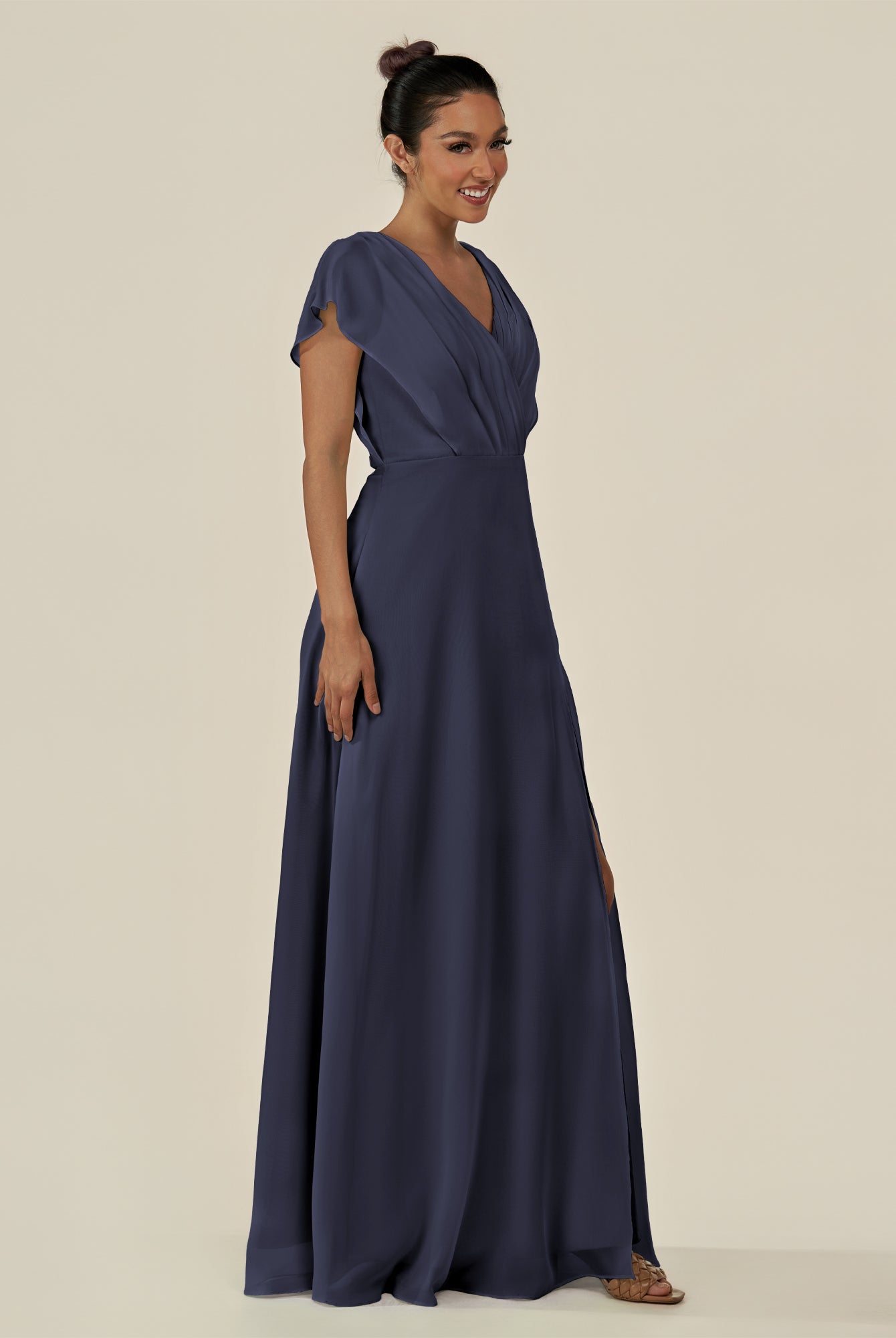 KissDress-Aven Dusk Blue A Line Chiffon Cap Sleeves V Neck Pleated Long Bridesmaid Dress with Slit