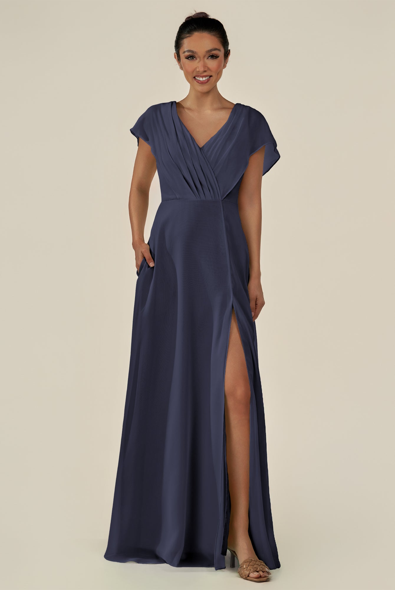 KissDress-Aven Dusk Blue A Line Chiffon Cap Sleeves V Neck Pleated Long Bridesmaid Dress with Slit