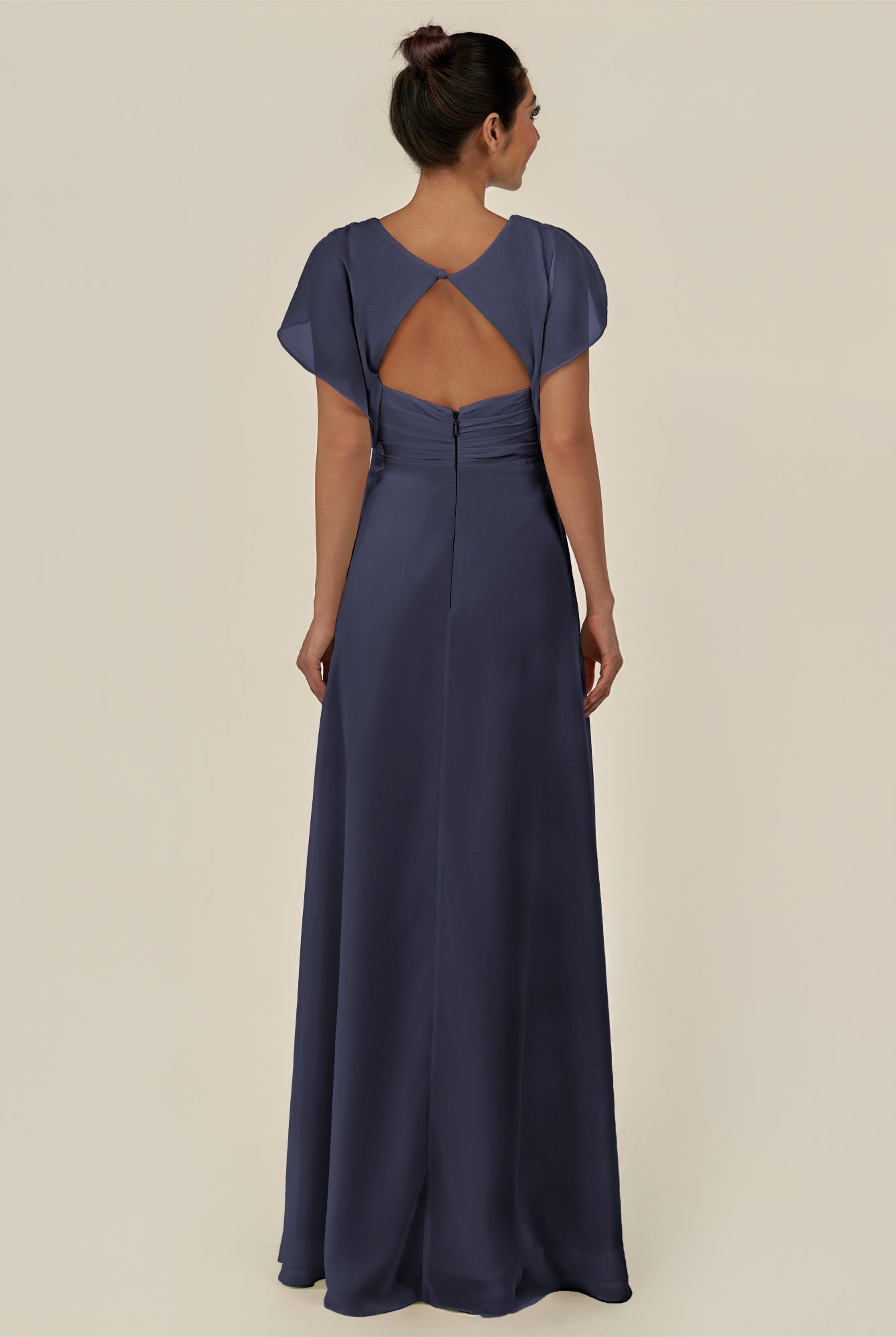 KissDress-Aven Dusk Blue A Line Chiffon Cap Sleeves V Neck Pleated Long Bridesmaid Dress with Slit