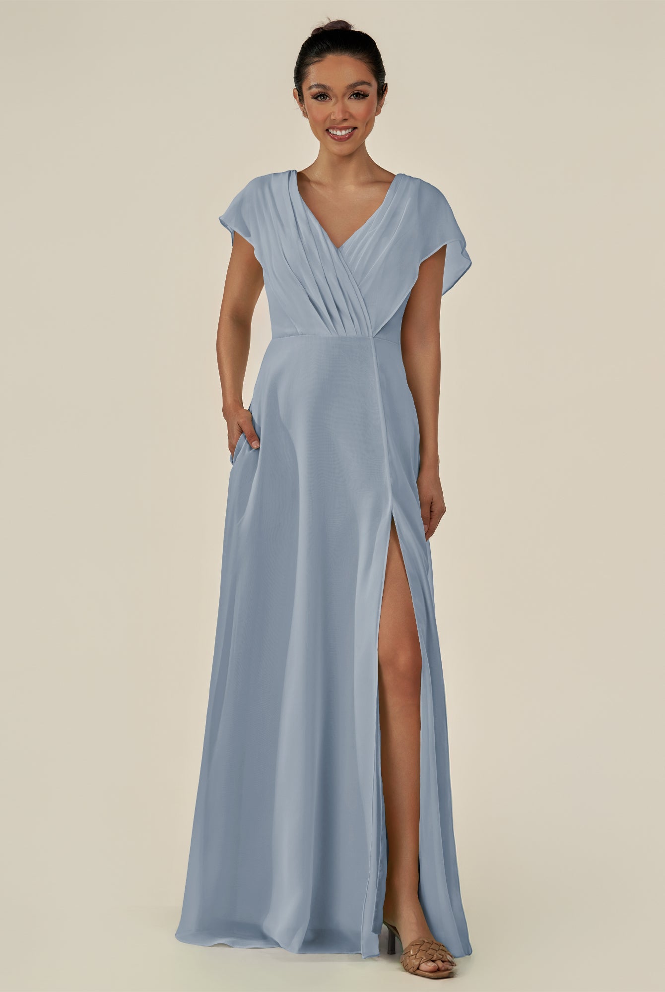 KissDress-Aven Dusty Blue A Line Chiffon Cap Sleeves V Neck Pleated Long Bridesmaid Dress with Slit
