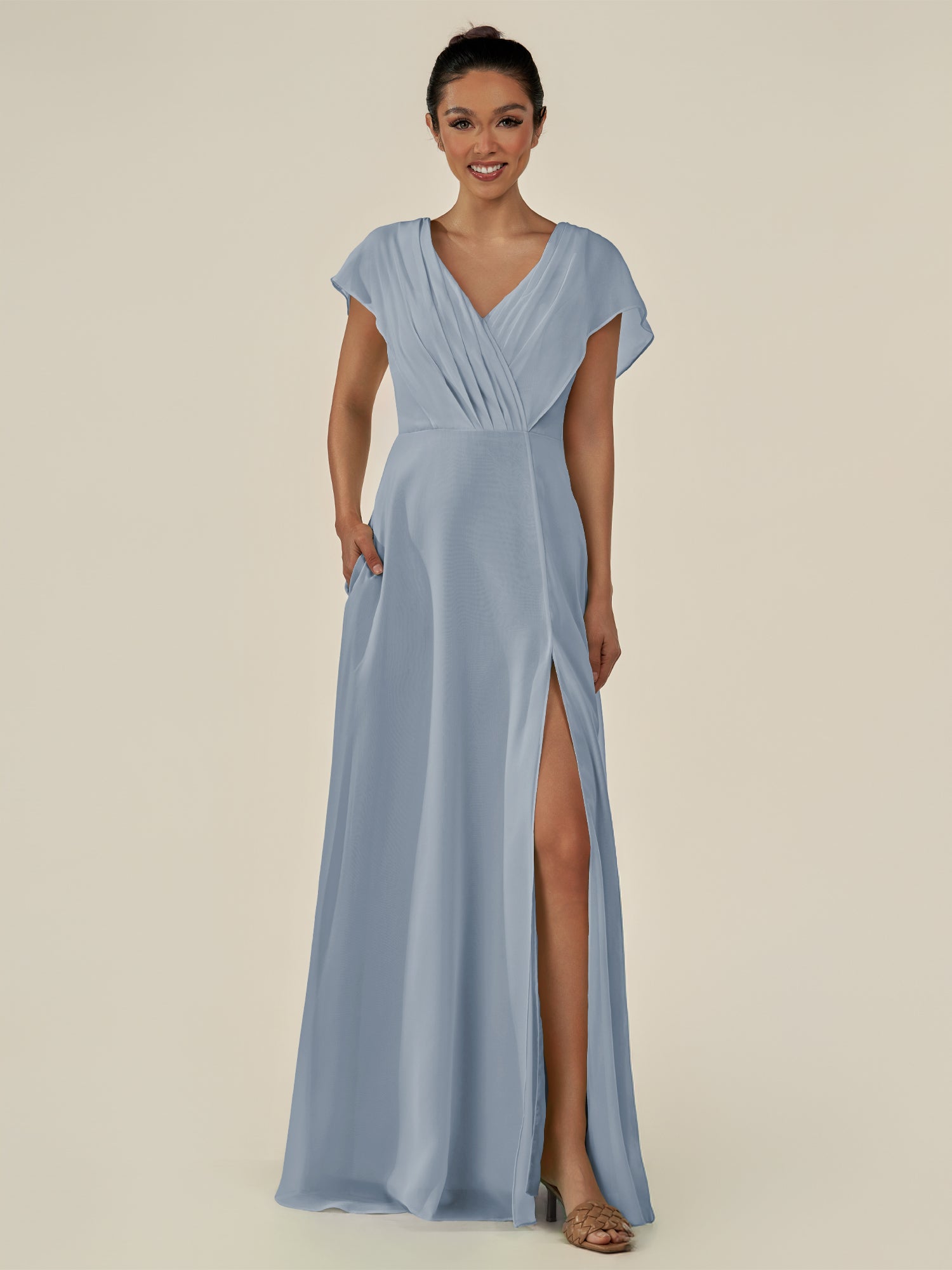KissDress-Aven Dusty Blue A Line Chiffon Cap Sleeves V Neck Pleated Long Bridesmaid Dress with Slit