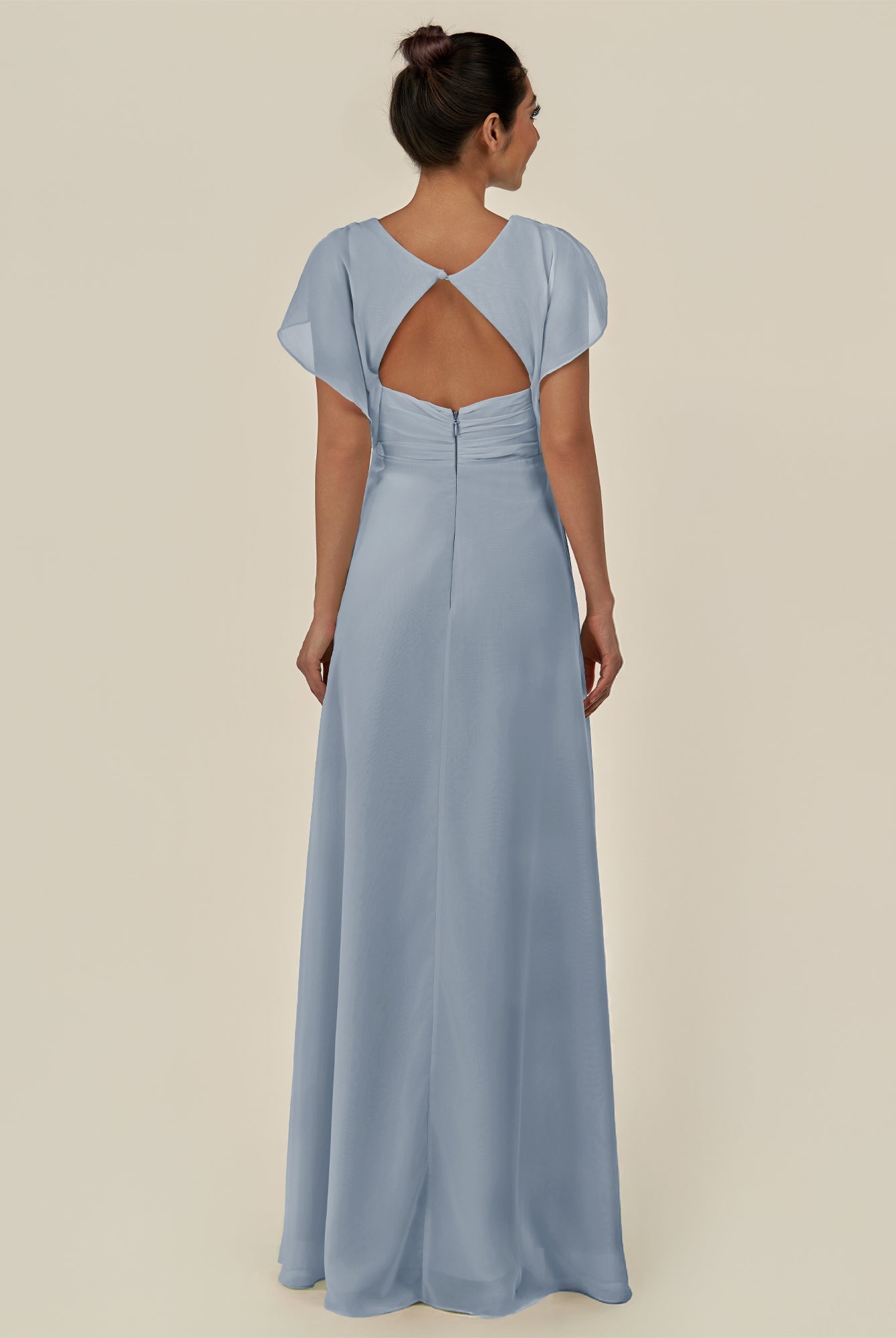 KissDress-Aven Dusty Blue A Line Chiffon Cap Sleeves V Neck Pleated Long Bridesmaid Dress with Slit