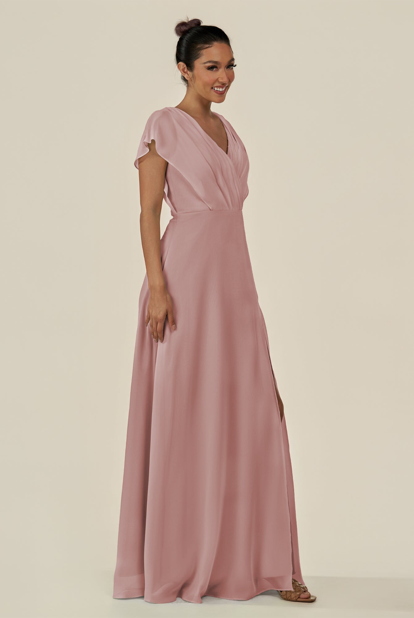 KissDress-Aven Dusty Rose A Line Chiffon Cap Sleeves V Neck Pleated Long Bridesmaid Dress with Slit