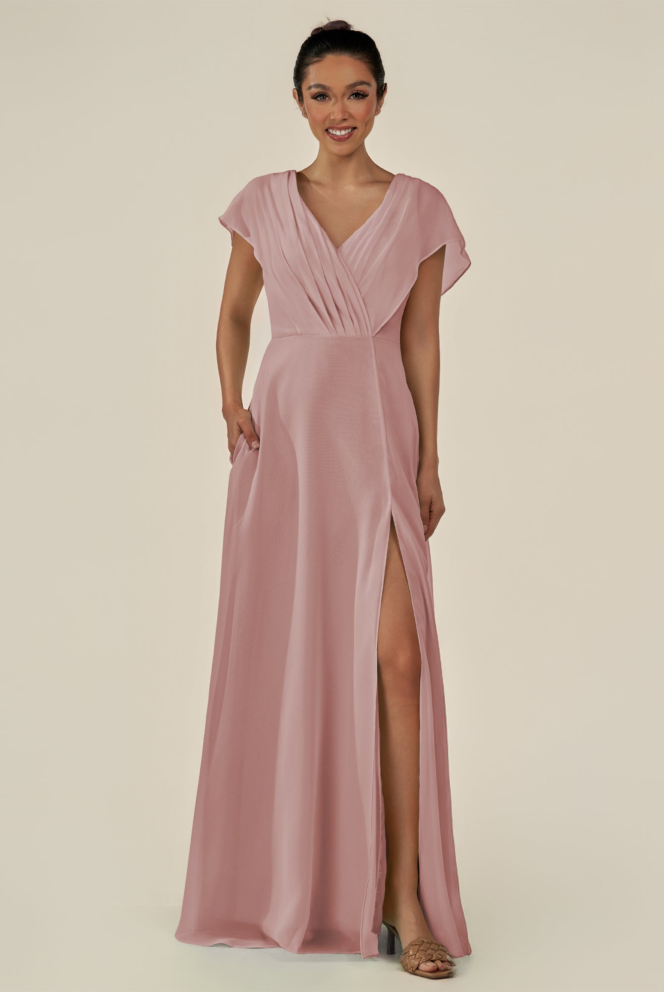 KissDress-Aven Dusty Rose A Line Chiffon Cap Sleeves V Neck Pleated Long Bridesmaid Dress with Slit