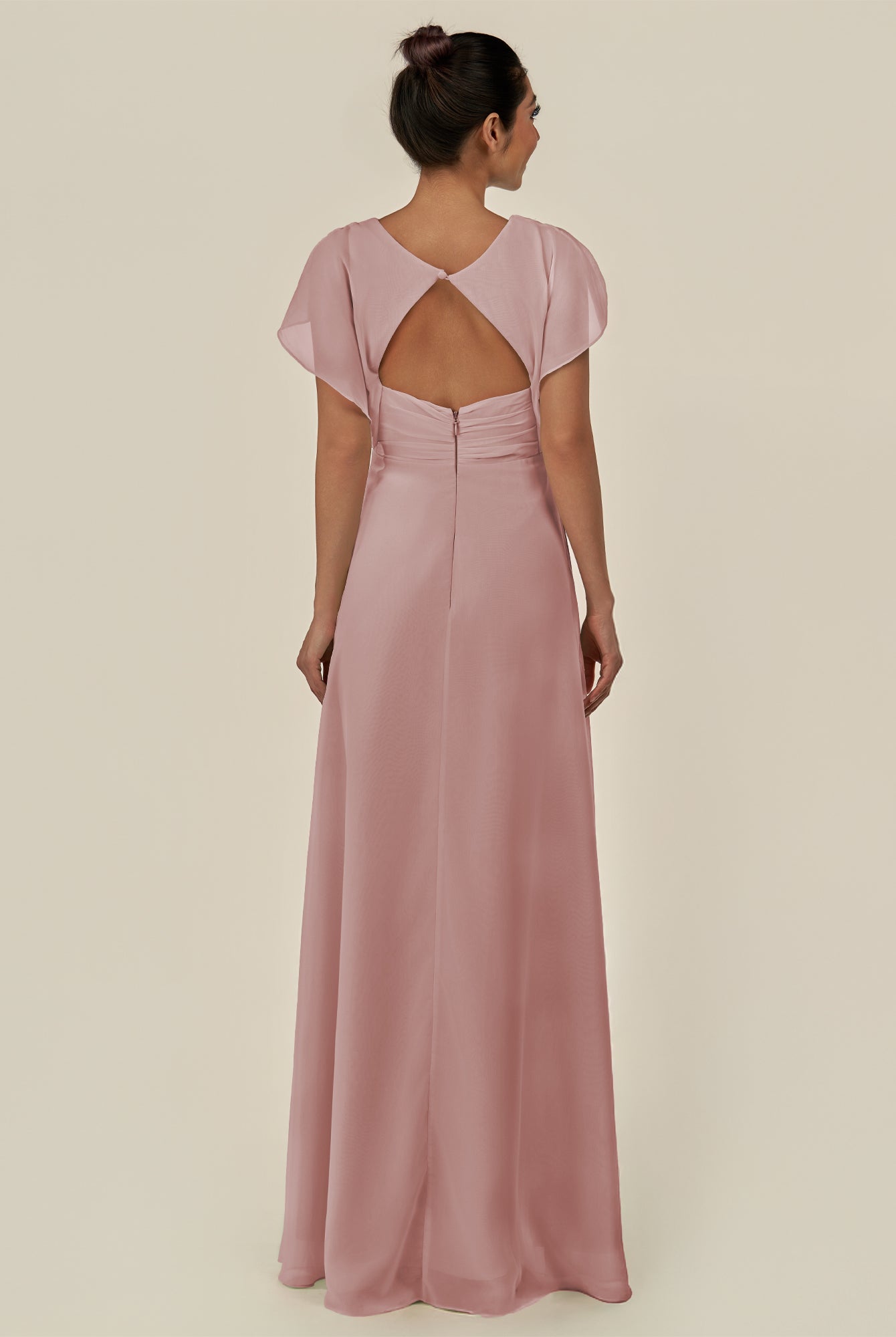 KissDress-Aven Dusty Rose A Line Chiffon Cap Sleeves V Neck Pleated Long Bridesmaid Dress with Slit