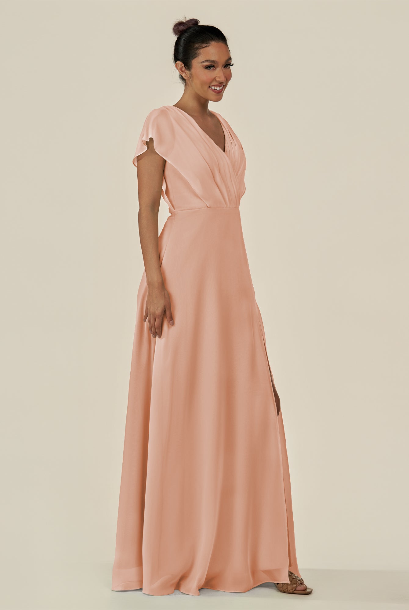 KissDress-Aven English Rose A Line Chiffon Cap Sleeves V Neck Pleated Long Bridesmaid Dress with Slit