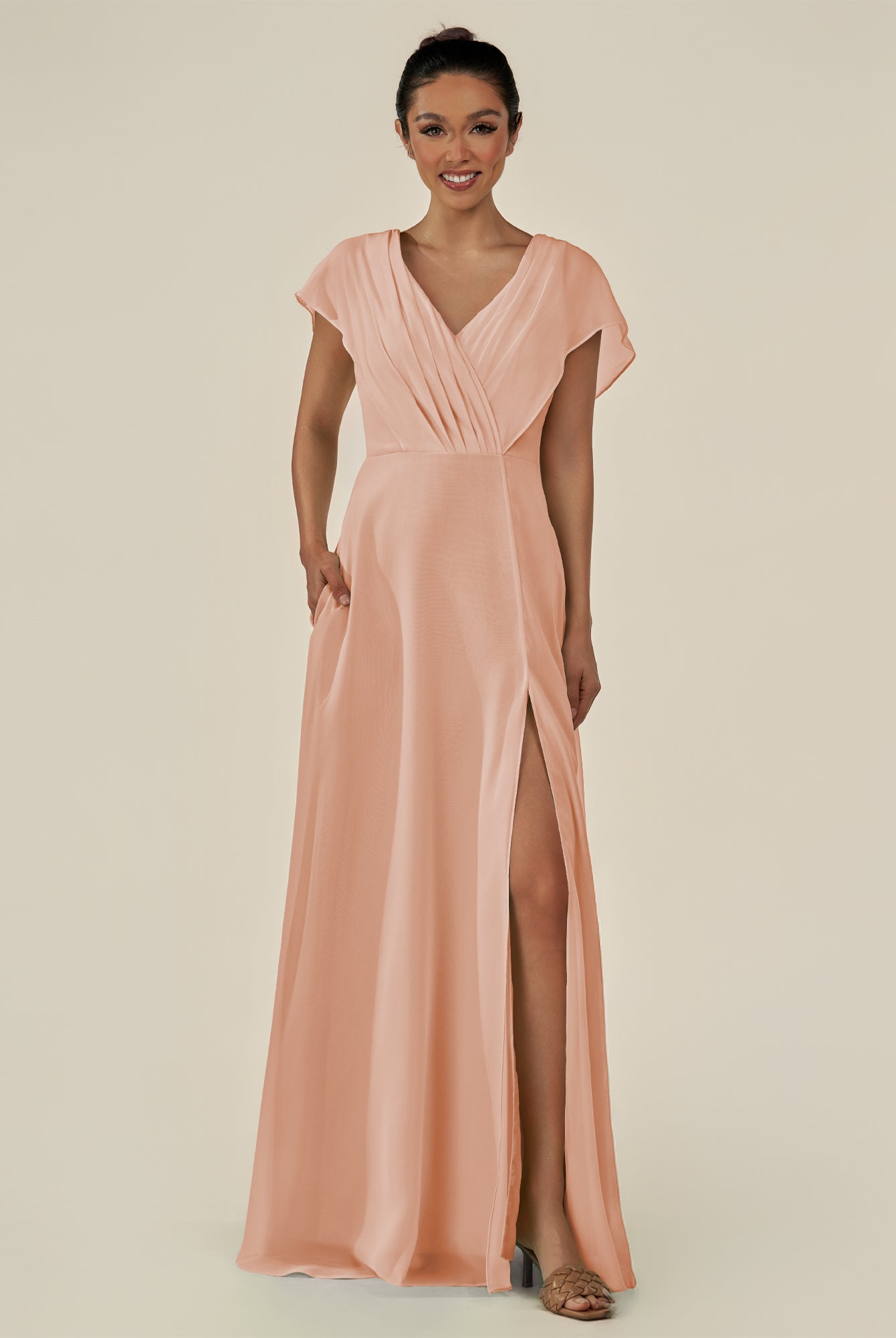 KissDress-Aven English Rose A Line Chiffon Cap Sleeves V Neck Pleated Long Bridesmaid Dress with Slit