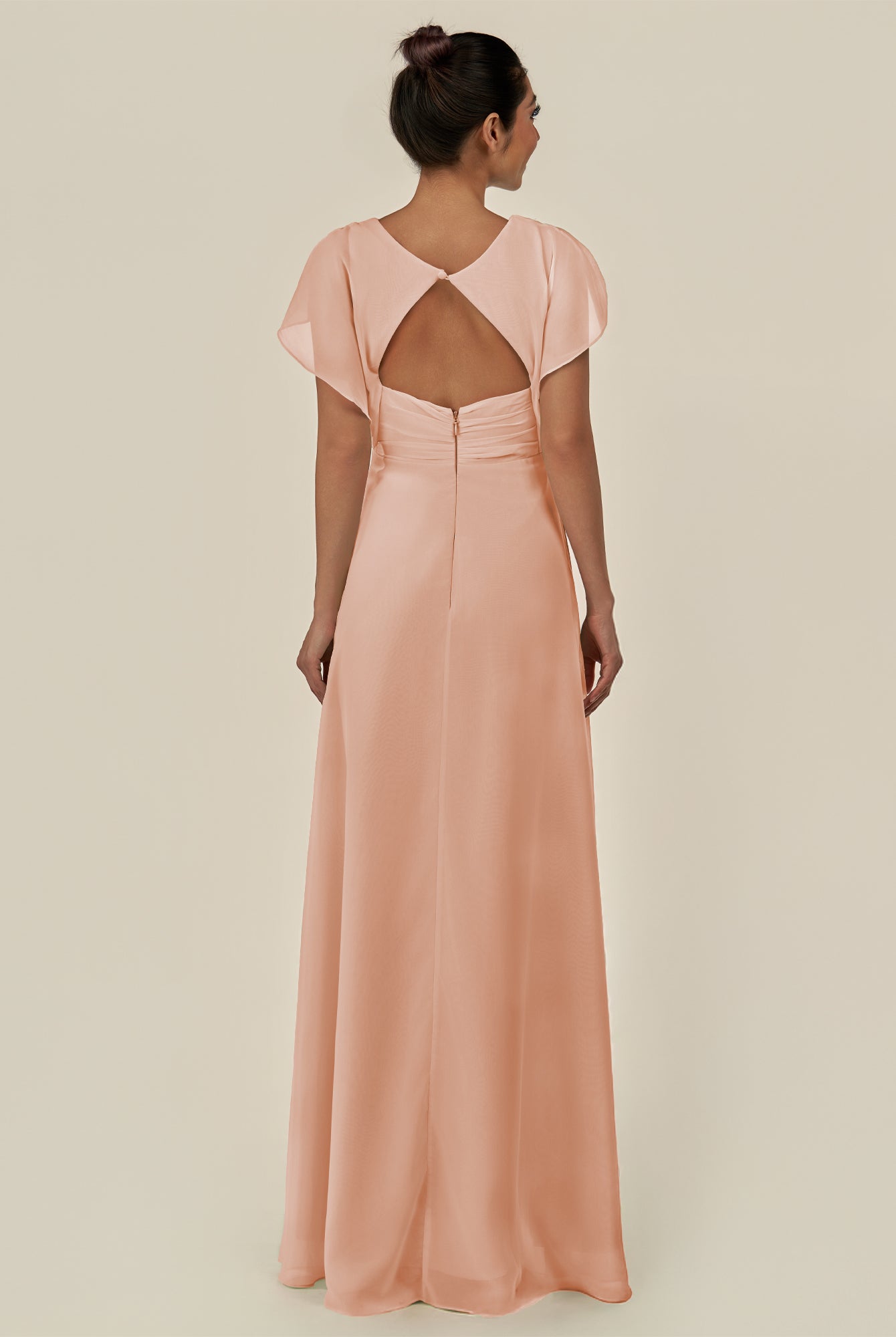 KissDress-Aven English Rose A Line Chiffon Cap Sleeves V Neck Pleated Long Bridesmaid Dress with Slit