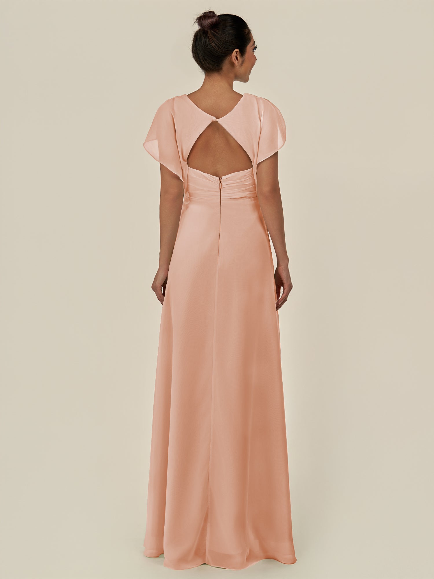 KissDress-Aven English Rose A Line Chiffon Cap Sleeves V Neck Pleated Long Bridesmaid Dress with Slit