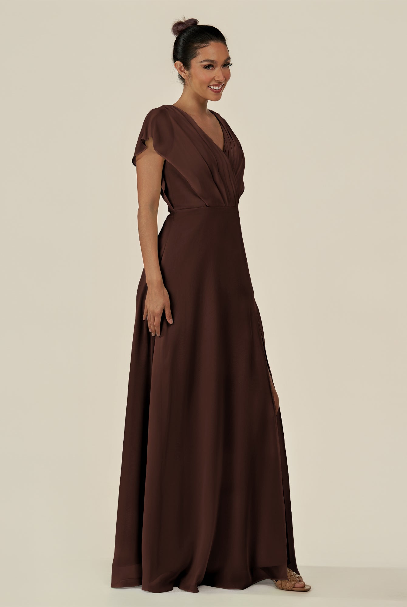 KissDress-Aven Espresso A Line Chiffon Cap Sleeves V Neck Pleated Long Bridesmaid Dress with Slit