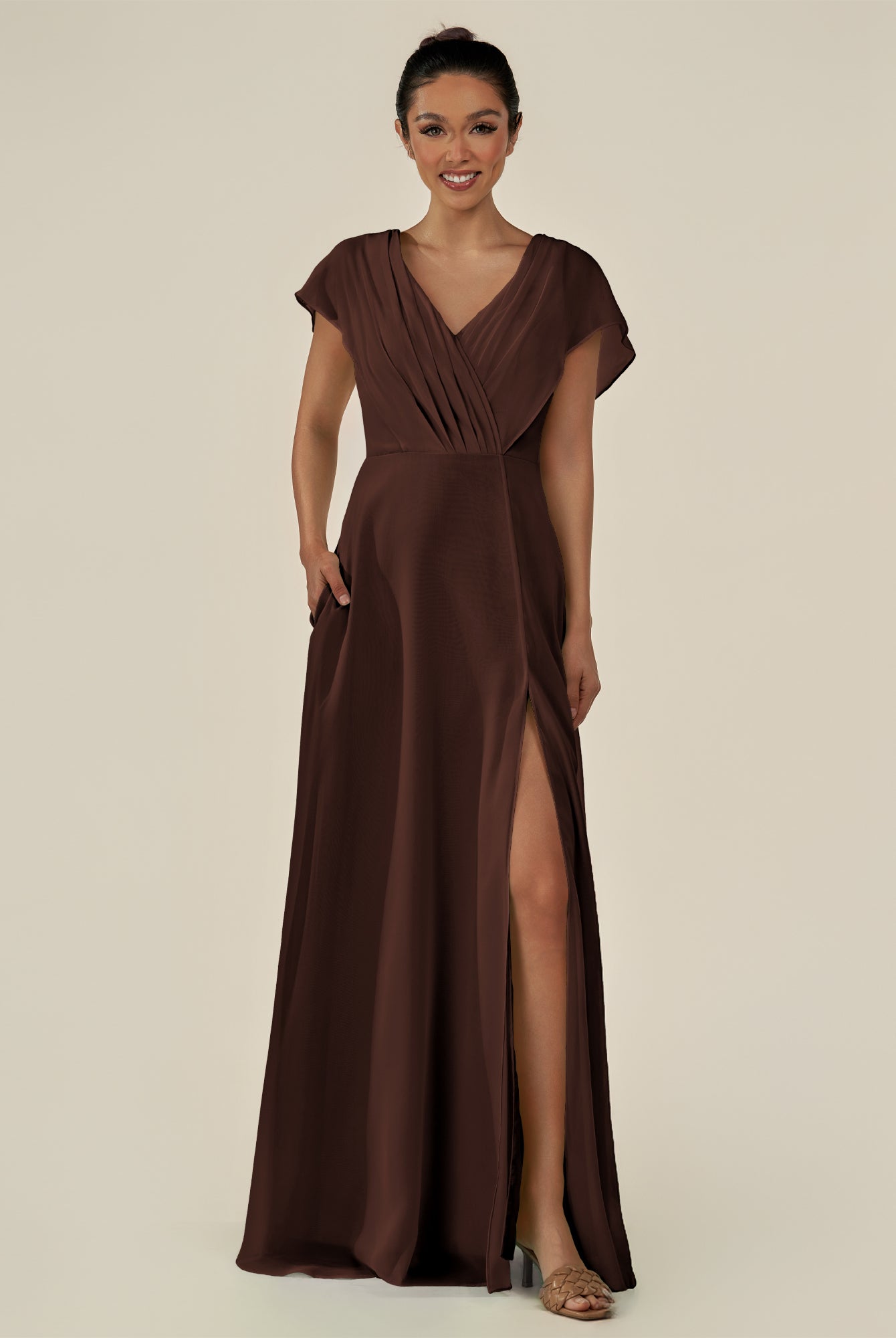 KissDress-Aven Espresso A Line Chiffon Cap Sleeves V Neck Pleated Long Bridesmaid Dress with Slit