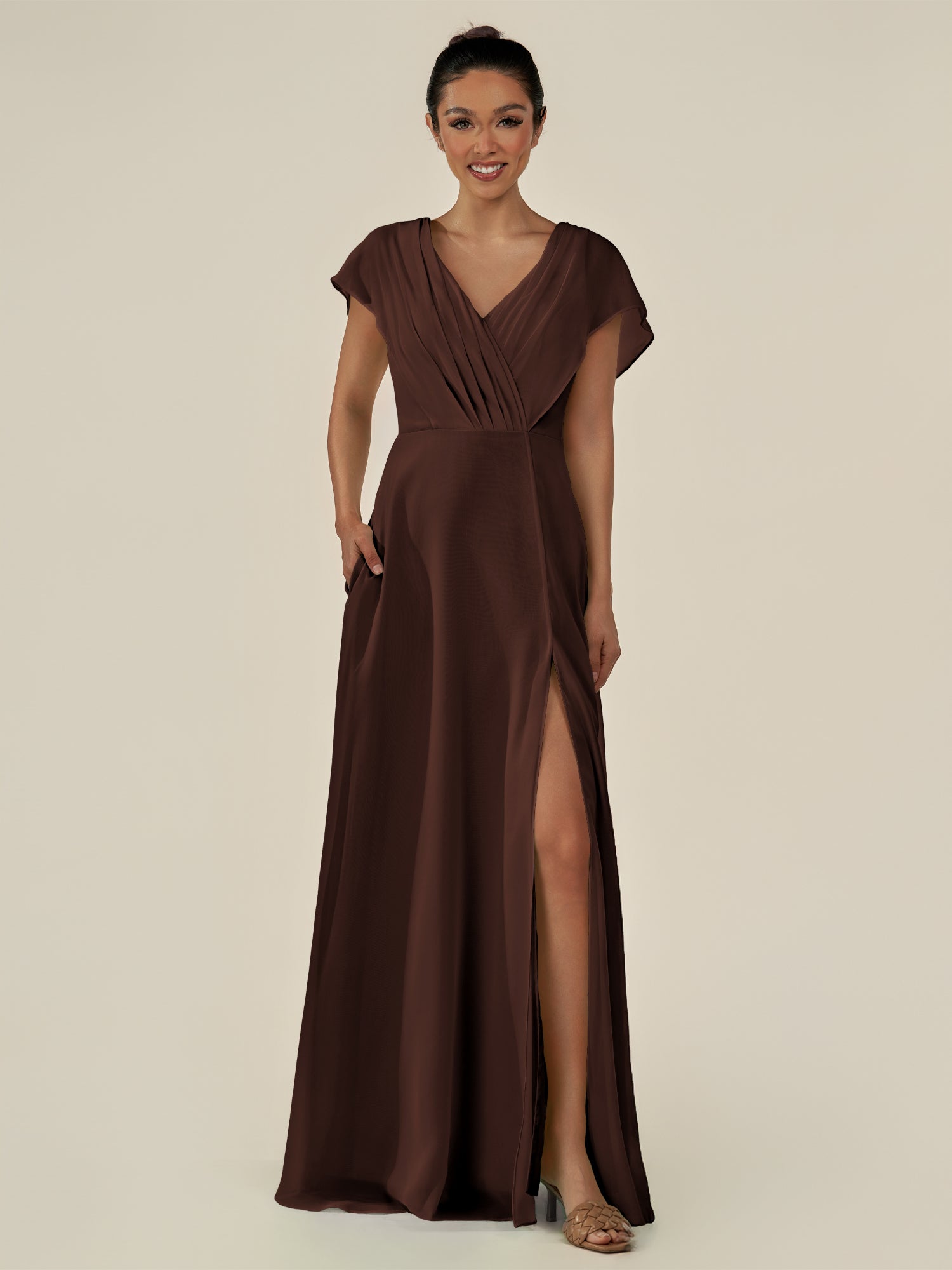 KissDress-Aven Espresso A Line Chiffon Cap Sleeves V Neck Pleated Long Bridesmaid Dress with Slit