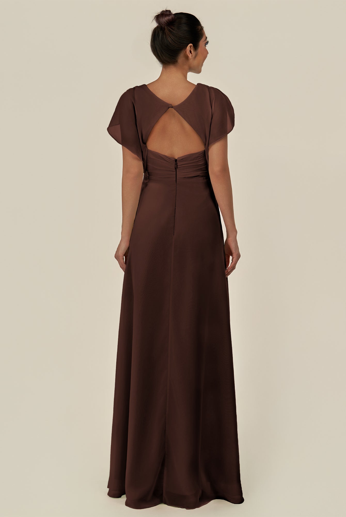 KissDress-Aven Espresso A Line Chiffon Cap Sleeves V Neck Pleated Long Bridesmaid Dress with Slit