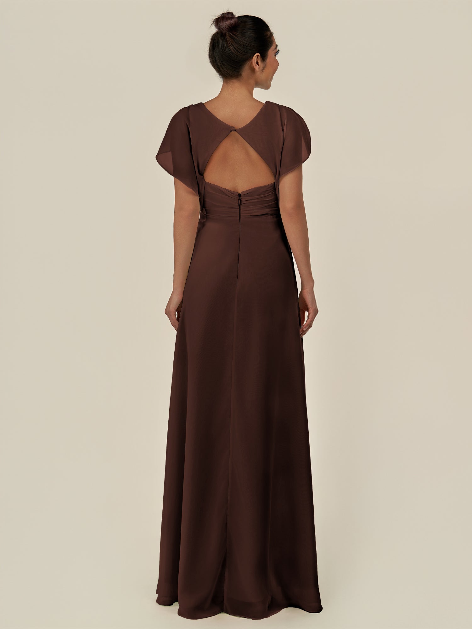 KissDress-Aven Espresso A Line Chiffon Cap Sleeves V Neck Pleated Long Bridesmaid Dress with Slit