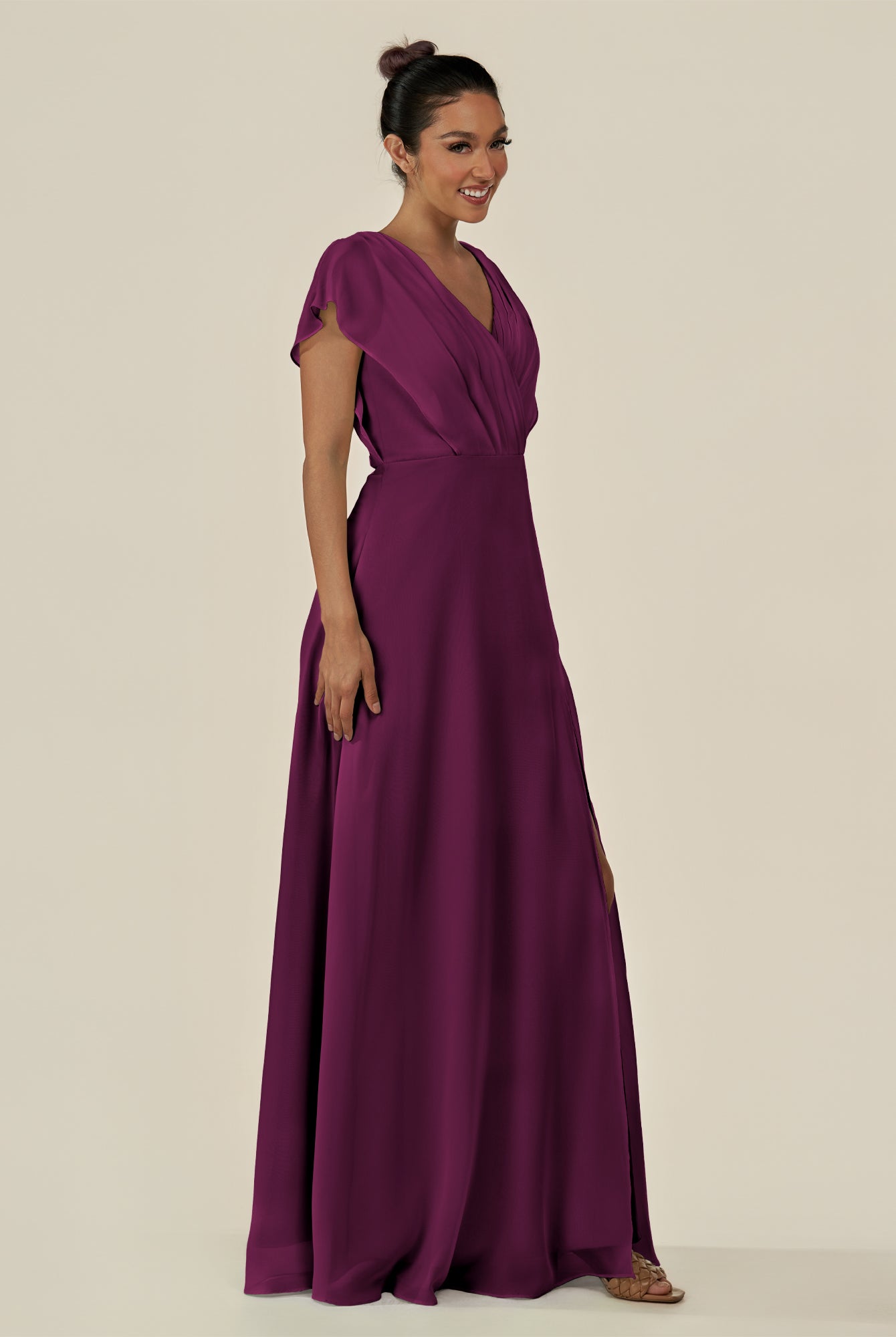KissDress-Aven Fig A Line Chiffon Cap Sleeves V Neck Pleated Long Bridesmaid Dress with Slit