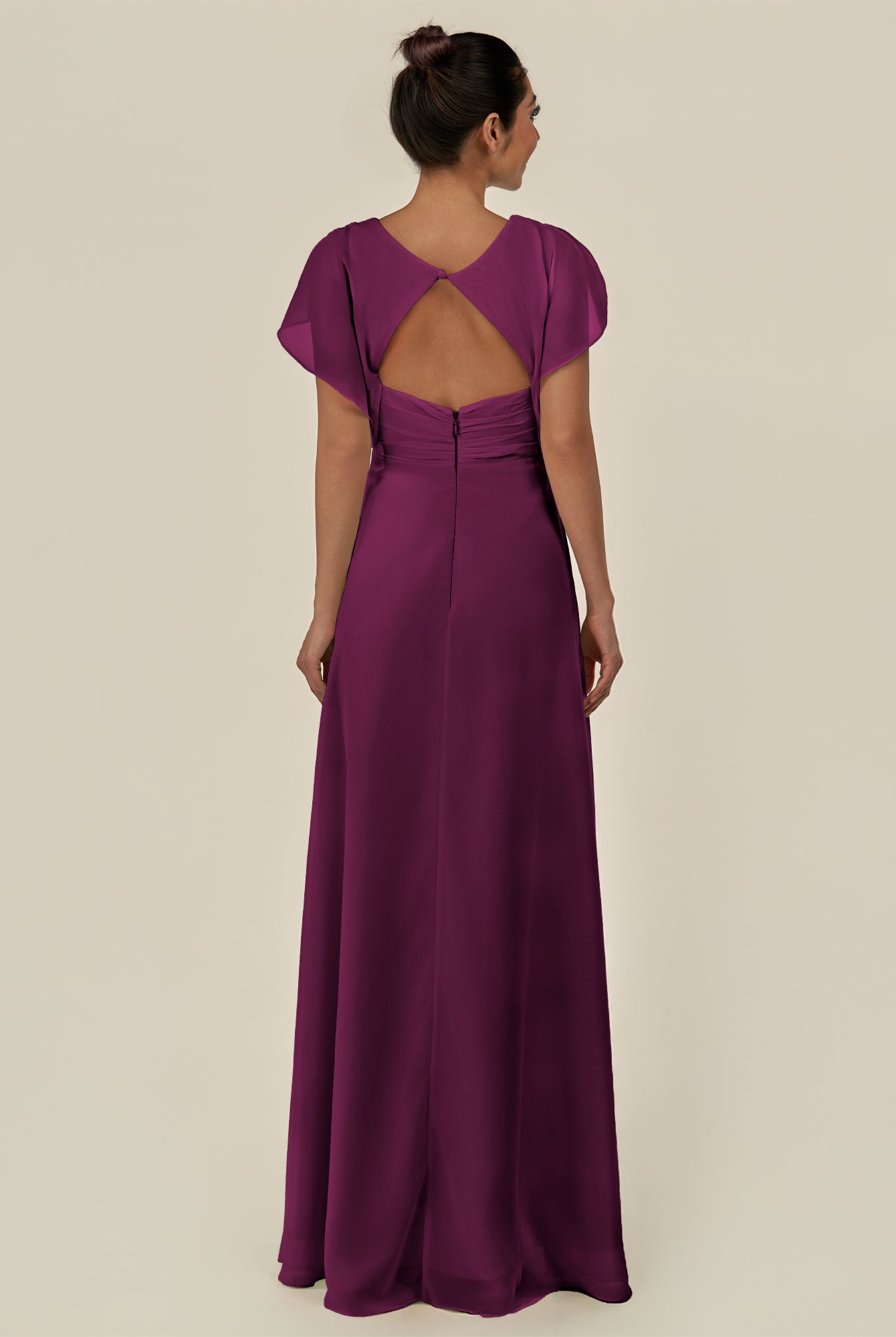 KissDress-Aven Fig A Line Chiffon Cap Sleeves V Neck Pleated Long Bridesmaid Dress with Slit