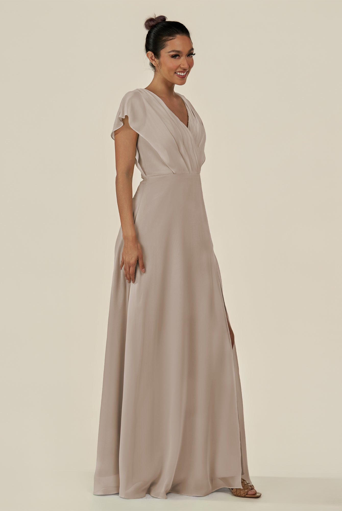 KissDress-Aven Frost A Line Chiffon Cap Sleeves V Neck Pleated Long Bridesmaid Dress with Slit
