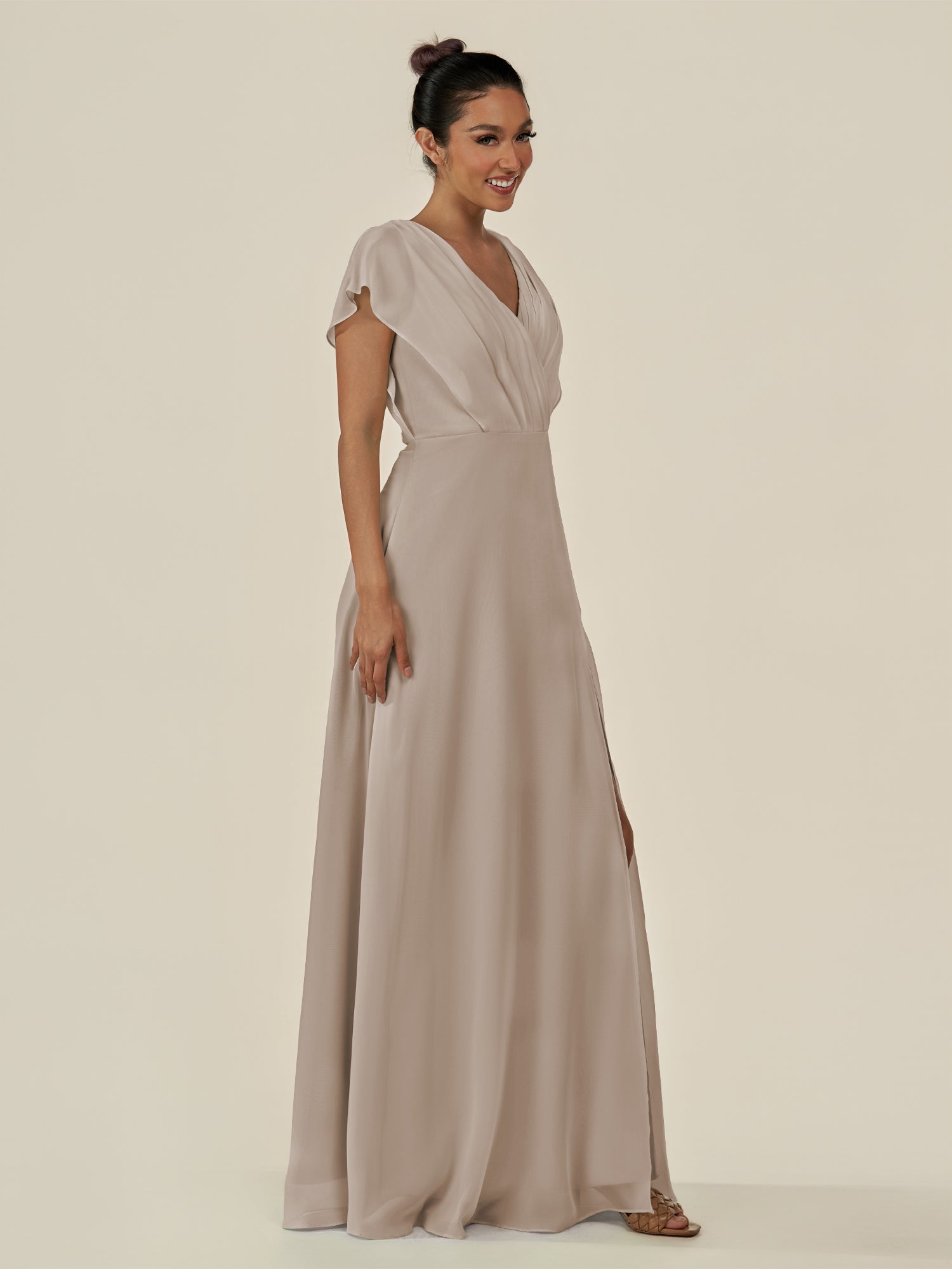 KissDress-Aven Frost A Line Chiffon Cap Sleeves V Neck Pleated Long Bridesmaid Dress with Slit