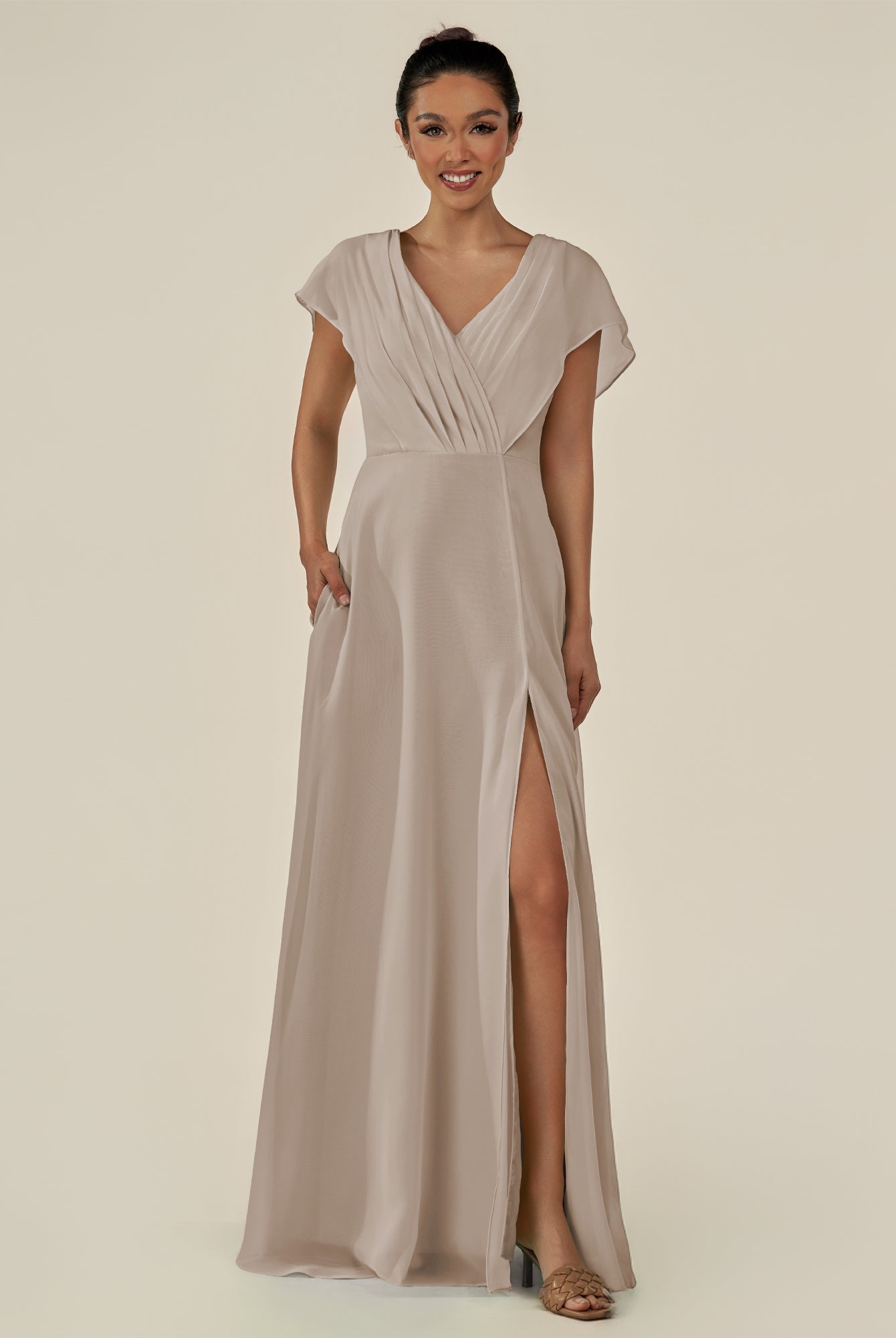 KissDress-Aven Frost A Line Chiffon Cap Sleeves V Neck Pleated Long Bridesmaid Dress with Slit
