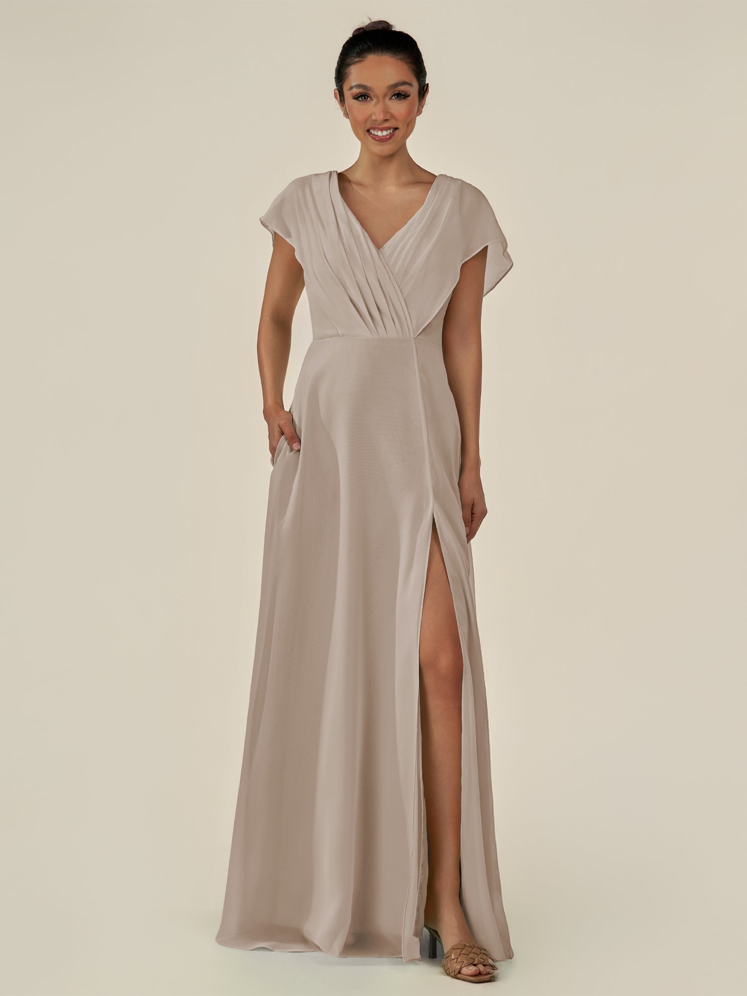 KissDress-Aven Frost A Line Chiffon Cap Sleeves V Neck Pleated Long Bridesmaid Dress with Slit