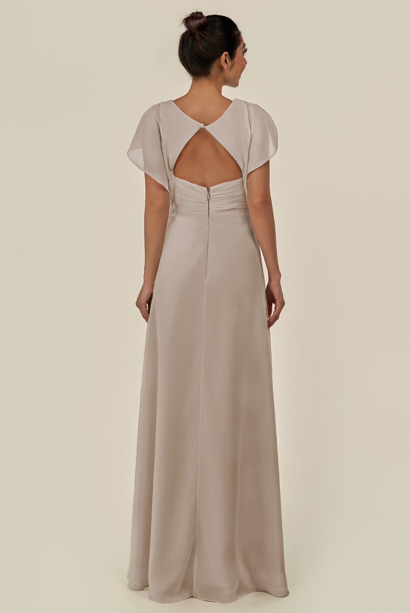 KissDress-Aven Frost A Line Chiffon Cap Sleeves V Neck Pleated Long Bridesmaid Dress with Slit