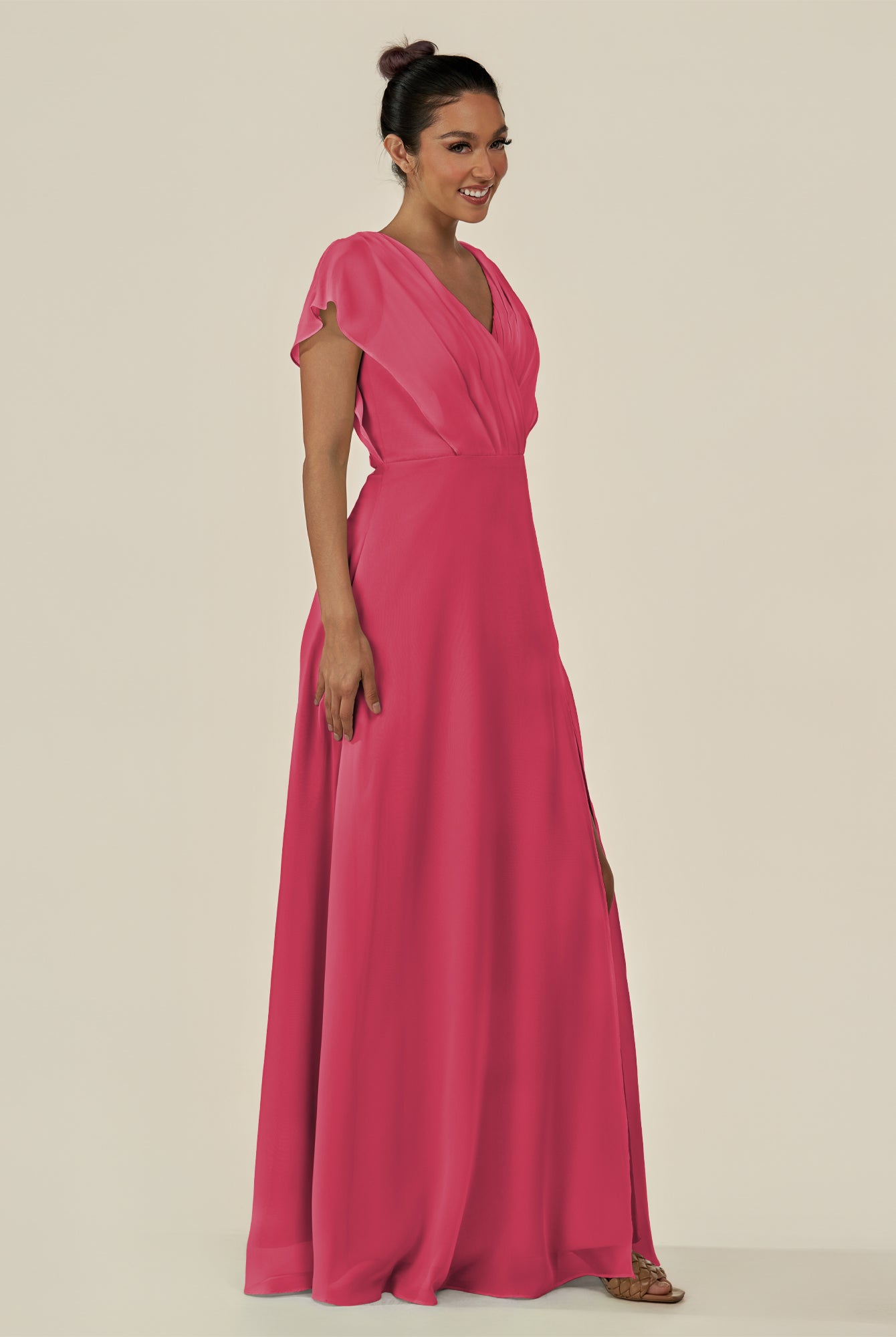 KissDress-Aven Fuchsia A Line Chiffon Cap Sleeves V Neck Pleated Long Bridesmaid Dress with Slit