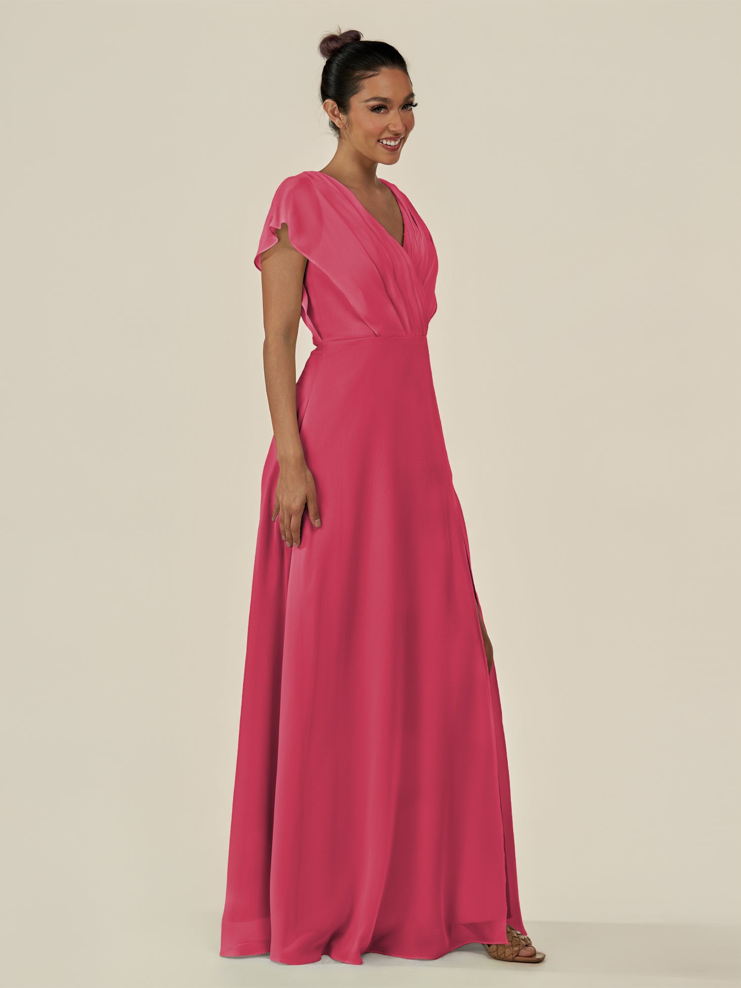 KissDress-Aven Fuchsia A Line Chiffon Cap Sleeves V Neck Pleated Long Bridesmaid Dress with Slit