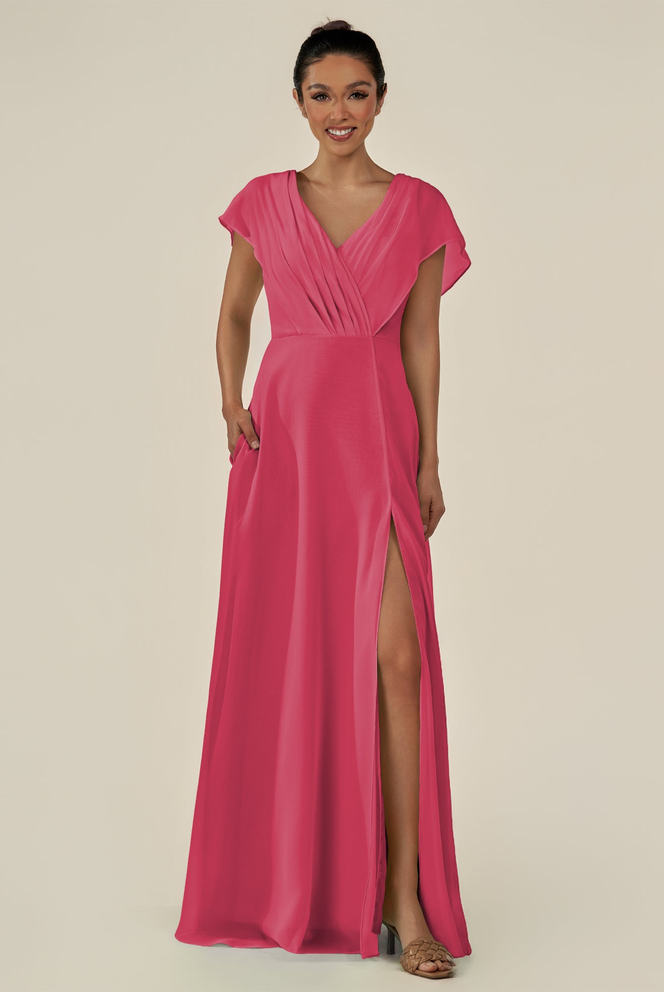 KissDress-Aven Fuchsia A Line Chiffon Cap Sleeves V Neck Pleated Long Bridesmaid Dress with Slit