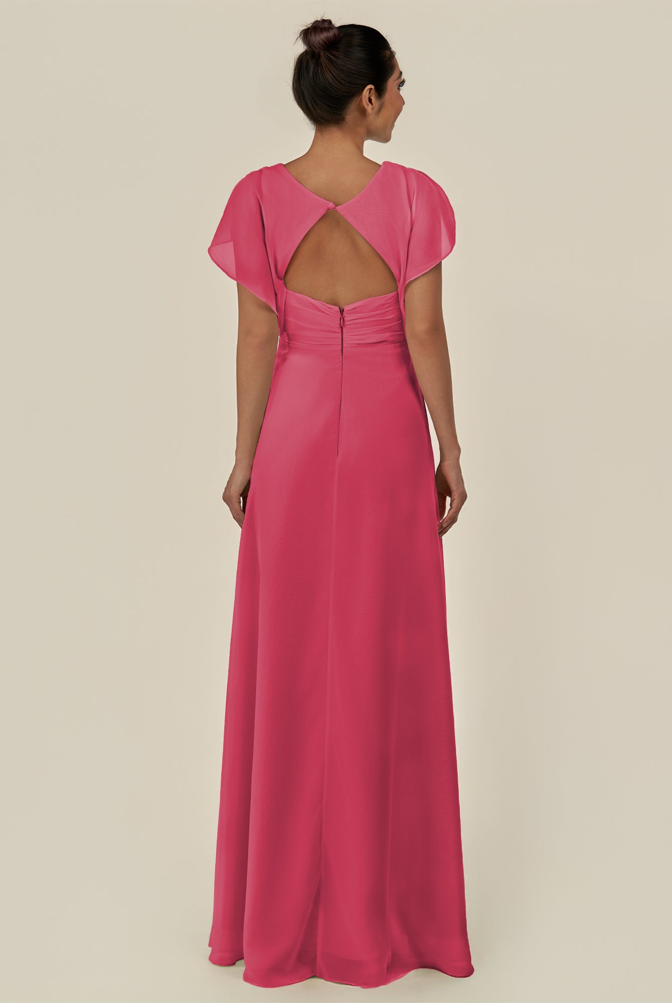 KissDress-Aven Fuchsia A Line Chiffon Cap Sleeves V Neck Pleated Long Bridesmaid Dress with Slit