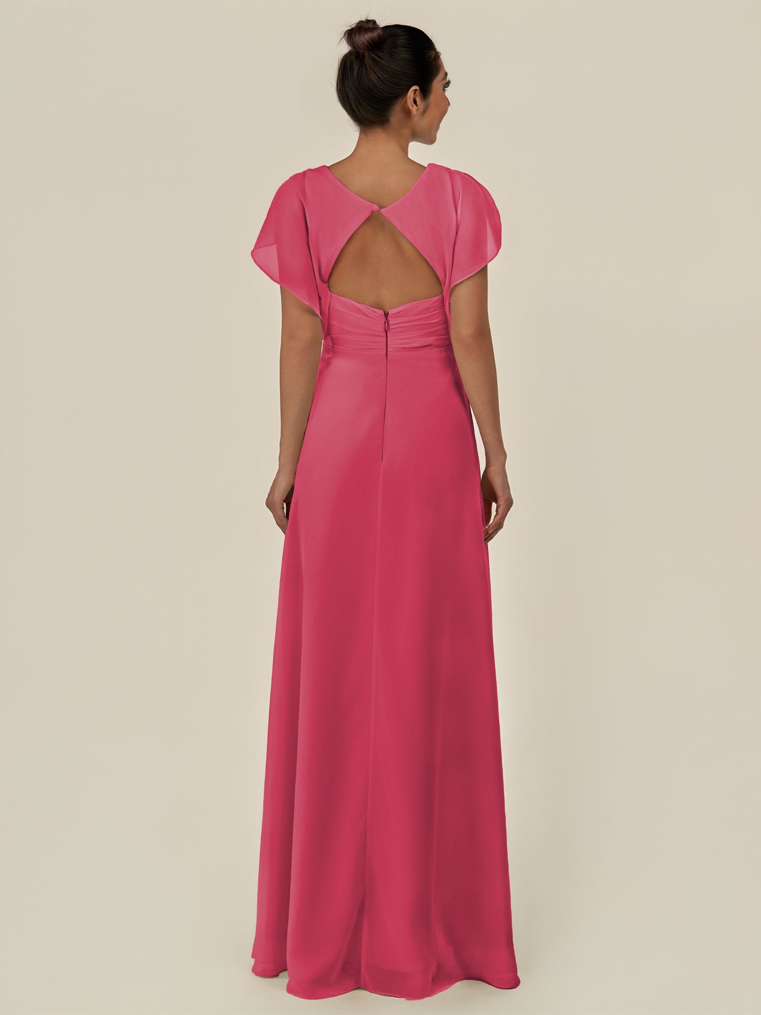 KissDress-Aven Fuchsia A Line Chiffon Cap Sleeves V Neck Pleated Long Bridesmaid Dress with Slit
