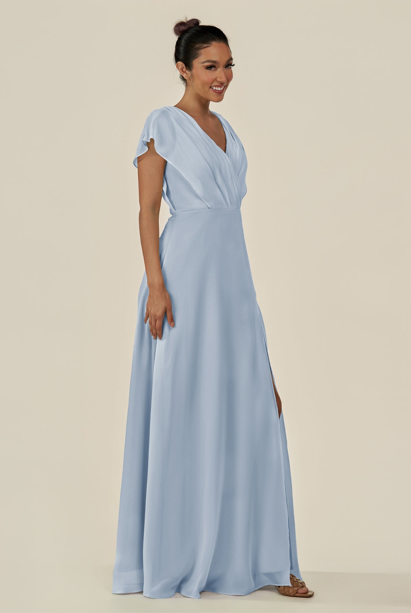 KissDress-Aven Ice A Line Chiffon Cap Sleeves V Neck Pleated Long Bridesmaid Dress with Slit
