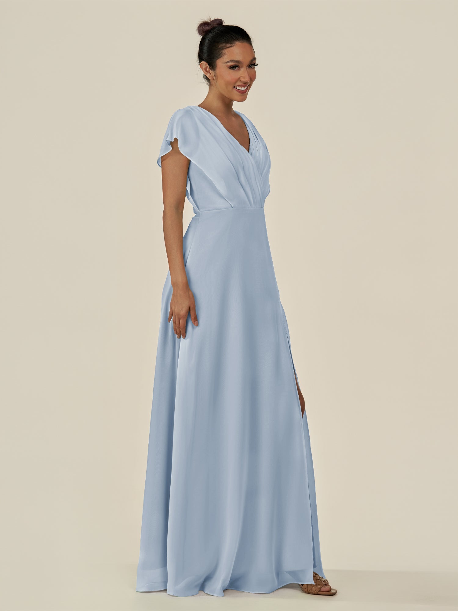 KissDress-Aven Ice A Line Chiffon Cap Sleeves V Neck Pleated Long Bridesmaid Dress with Slit