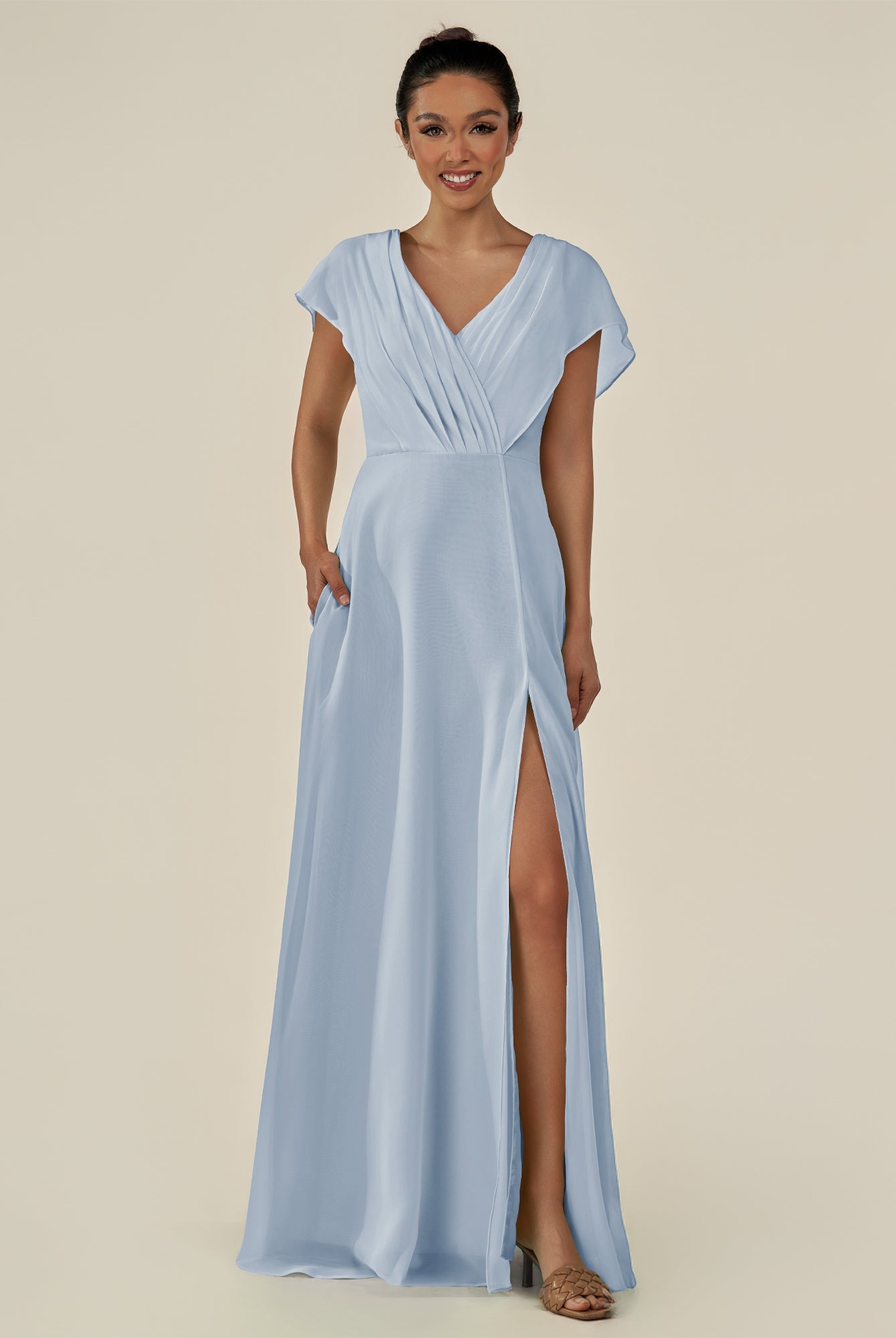 KissDress-Aven Ice A Line Chiffon Cap Sleeves V Neck Pleated Long Bridesmaid Dress with Slit