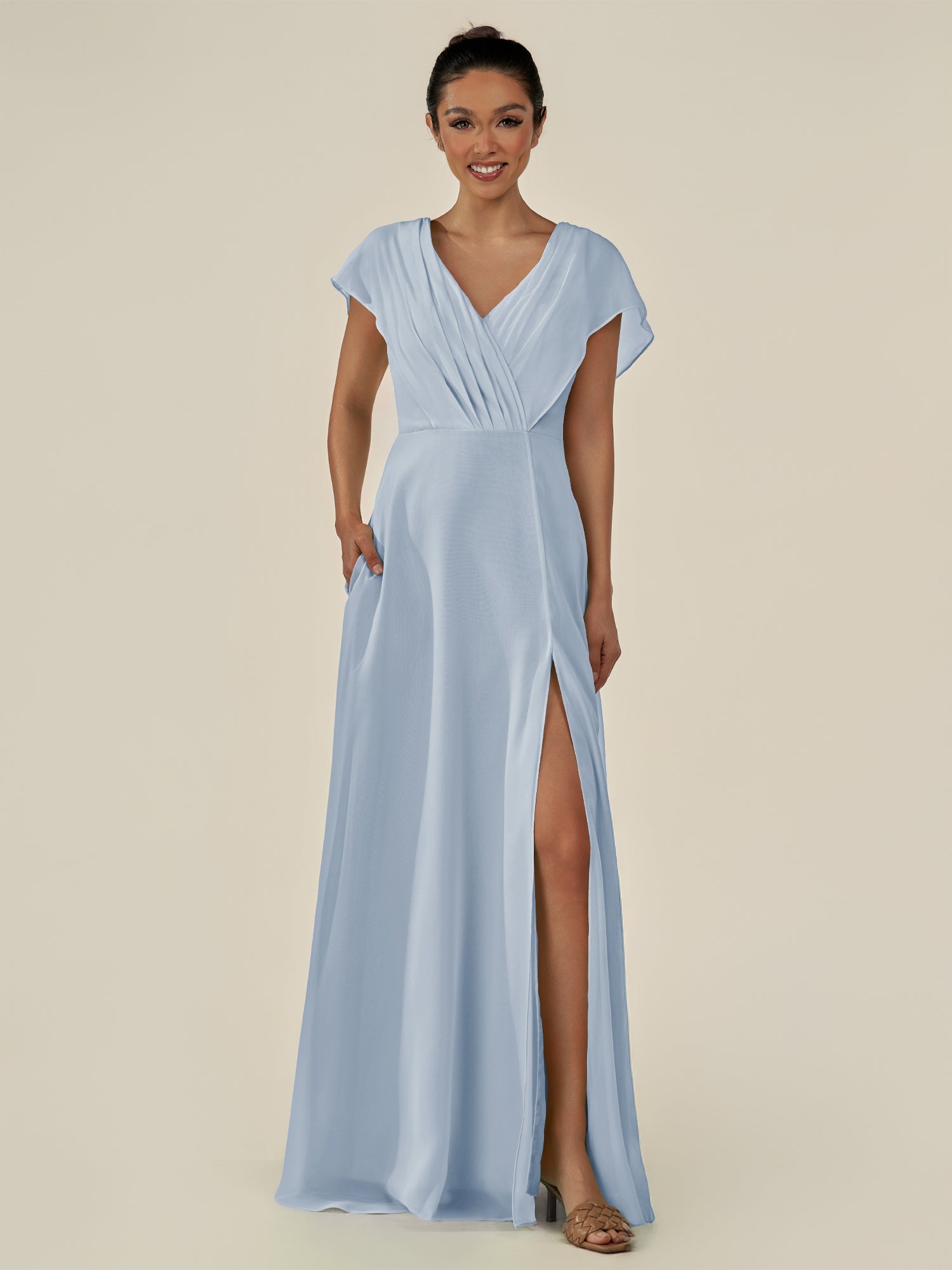 KissDress-Aven Ice A Line Chiffon Cap Sleeves V Neck Pleated Long Bridesmaid Dress with Slit