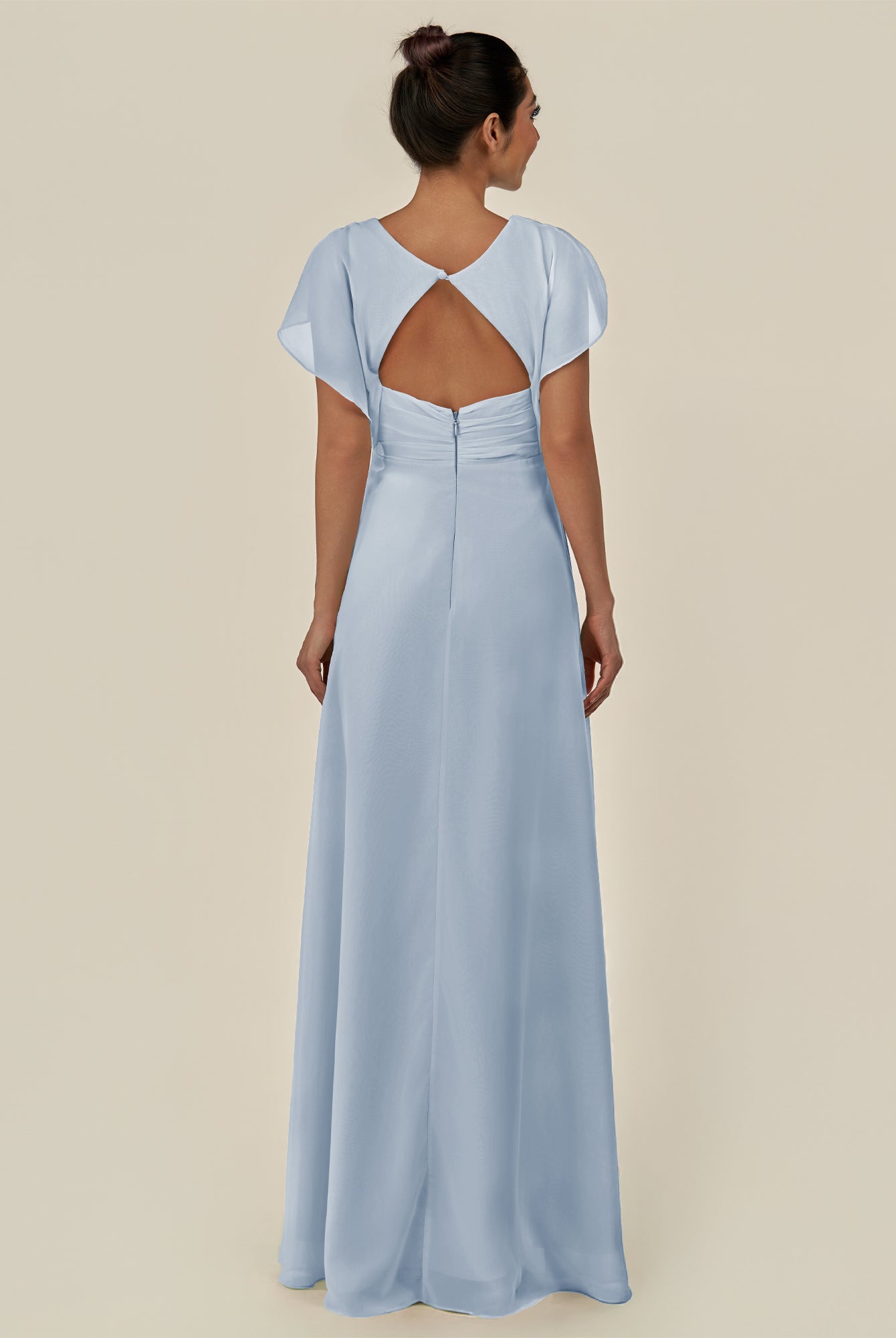 KissDress-Aven Ice A Line Chiffon Cap Sleeves V Neck Pleated Long Bridesmaid Dress with Slit