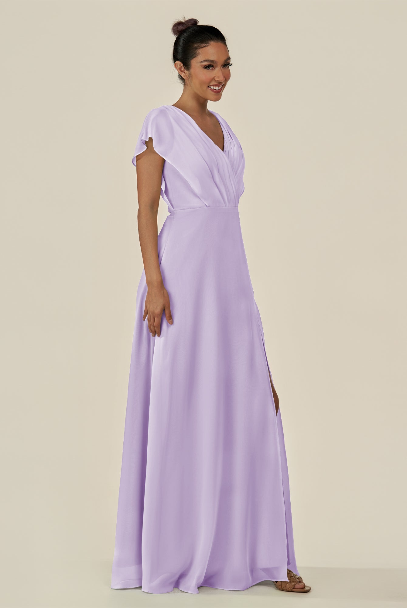 KissDress-Aven Lavender A Line Chiffon Cap Sleeves V Neck Pleated Long Bridesmaid Dress with Slit
