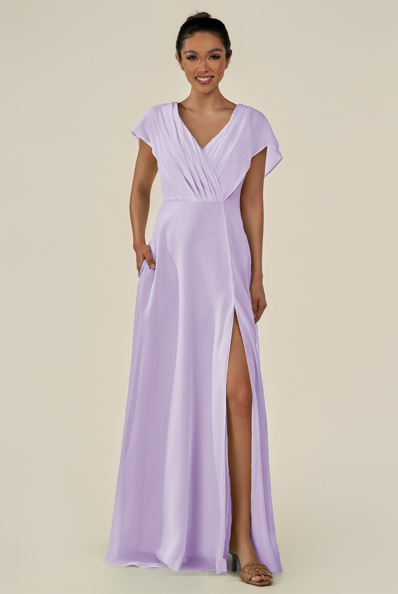 KissDress-Aven Lavender A Line Chiffon Cap Sleeves V Neck Pleated Long Bridesmaid Dress with Slit