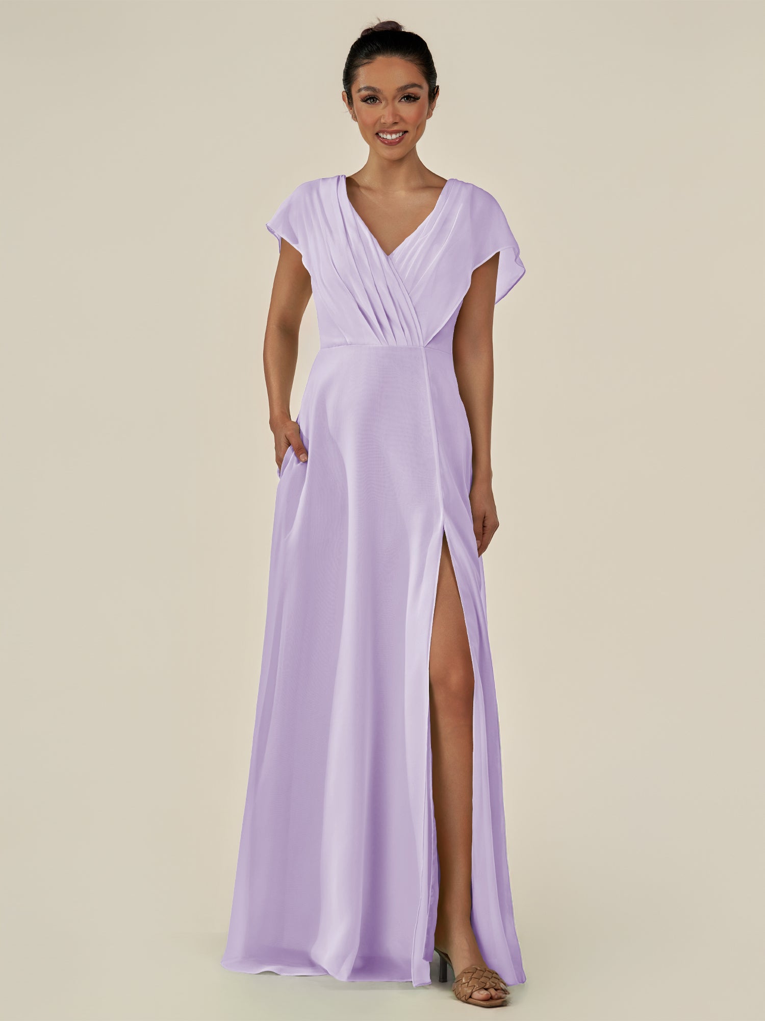 KissDress-Aven Lavender A Line Chiffon Cap Sleeves V Neck Pleated Long Bridesmaid Dress with Slit