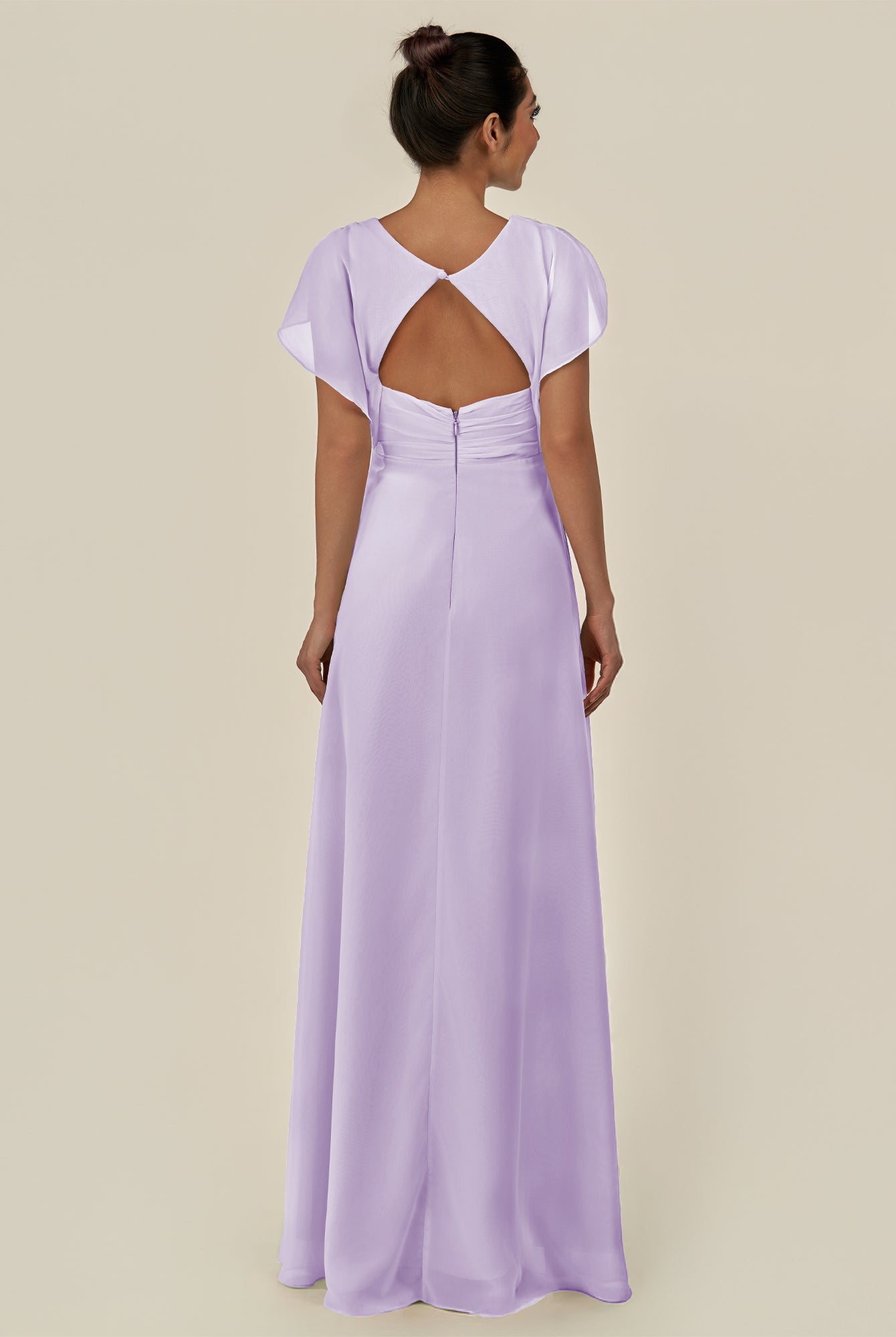 KissDress-Aven Lavender A Line Chiffon Cap Sleeves V Neck Pleated Long Bridesmaid Dress with Slit