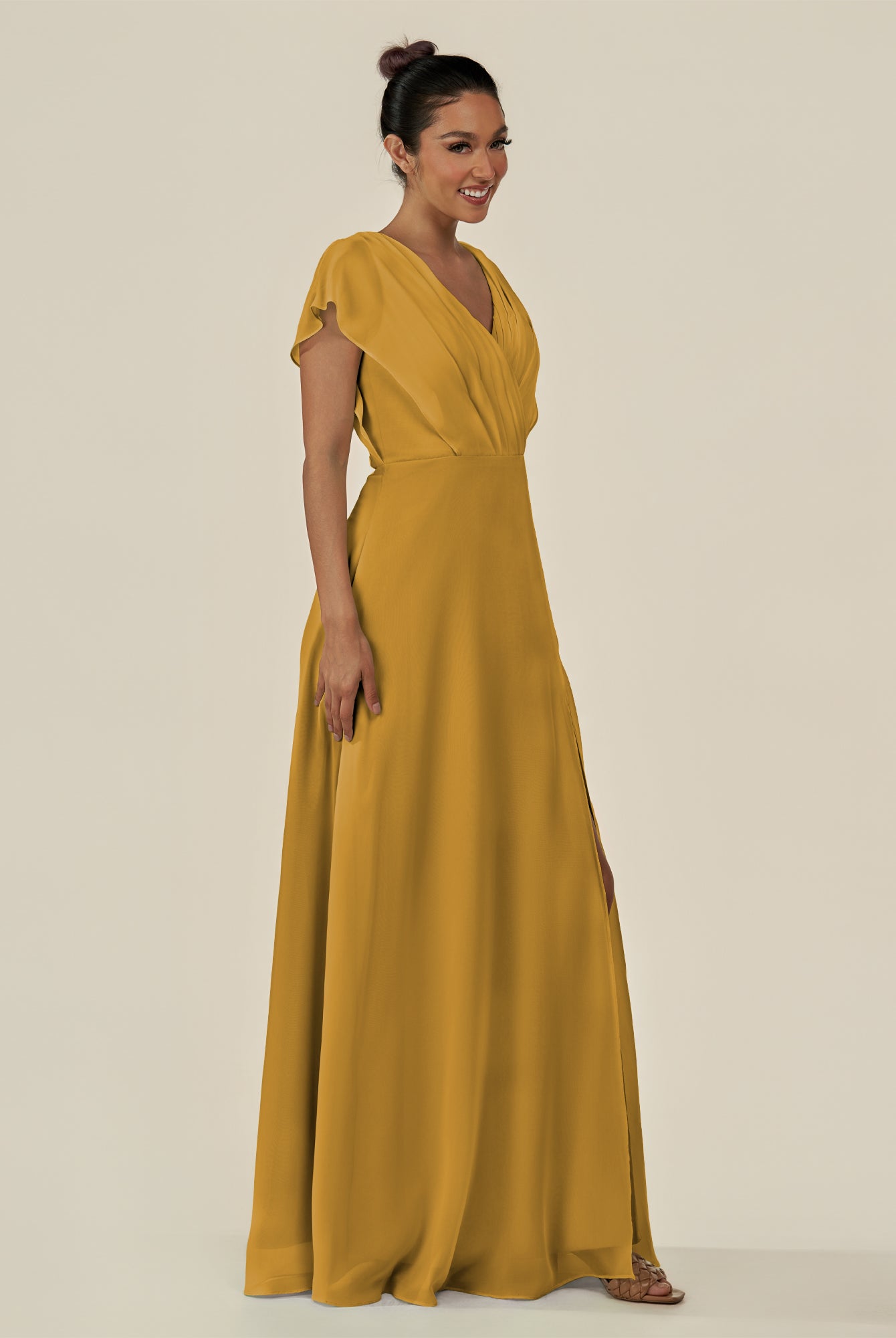 KissDress-Aven Marigold A Line Chiffon Cap Sleeves V Neck Pleated Long Bridesmaid Dress with Slit