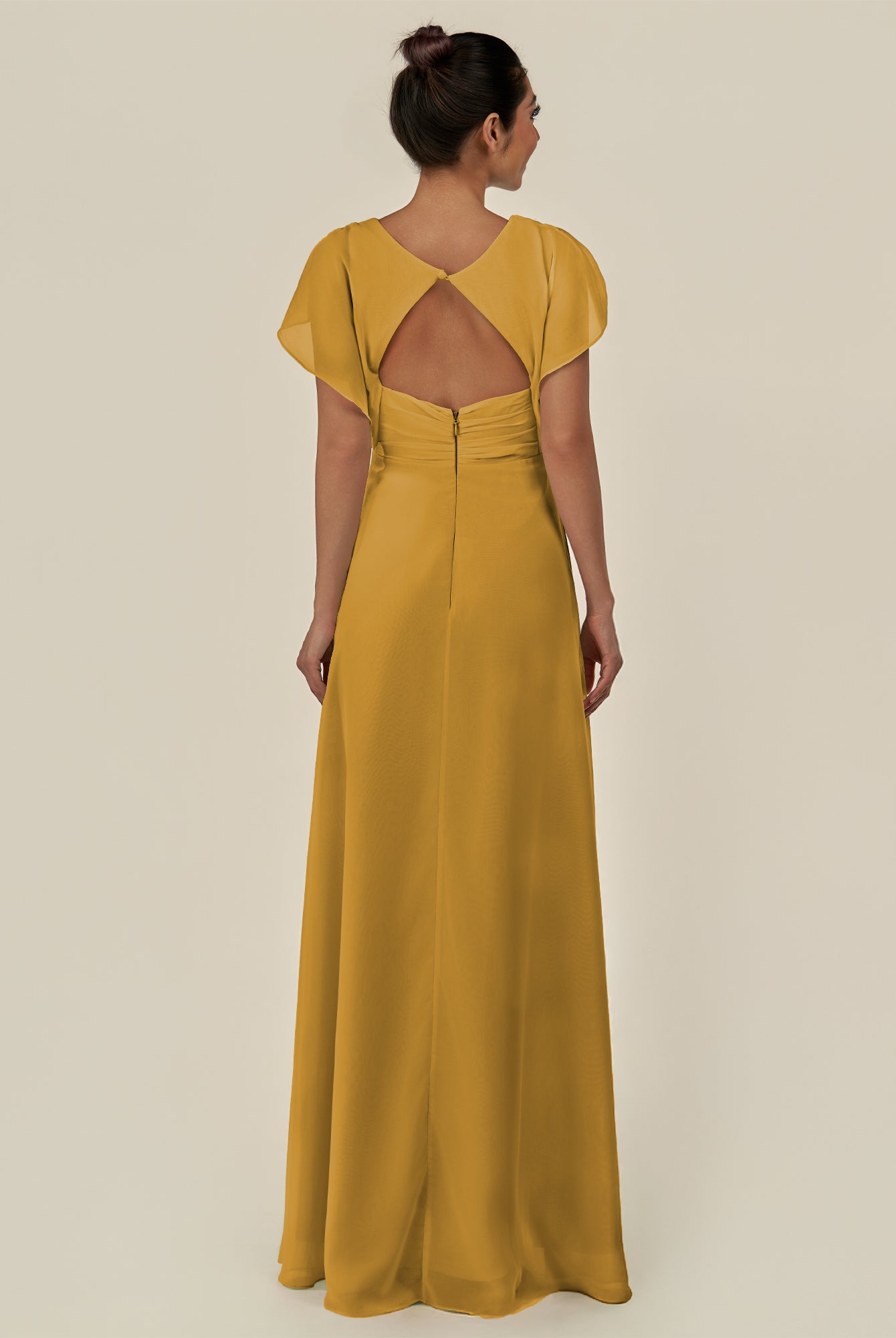 KissDress-Aven Marigold A Line Chiffon Cap Sleeves V Neck Pleated Long Bridesmaid Dress with Slit