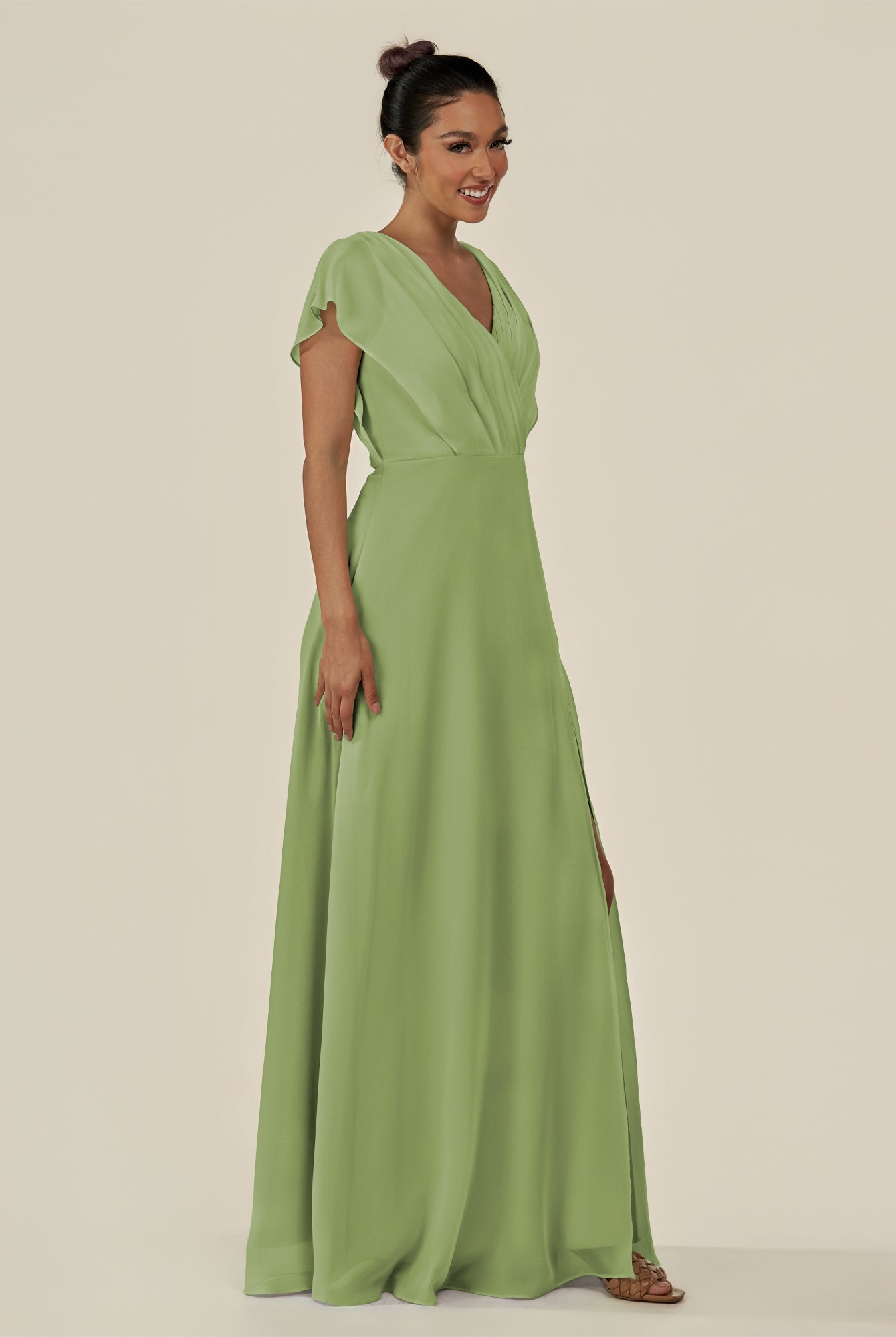 KissDress-Aven Matcha A Line Chiffon Cap Sleeves V Neck Pleated Long Bridesmaid Dress with Slit
